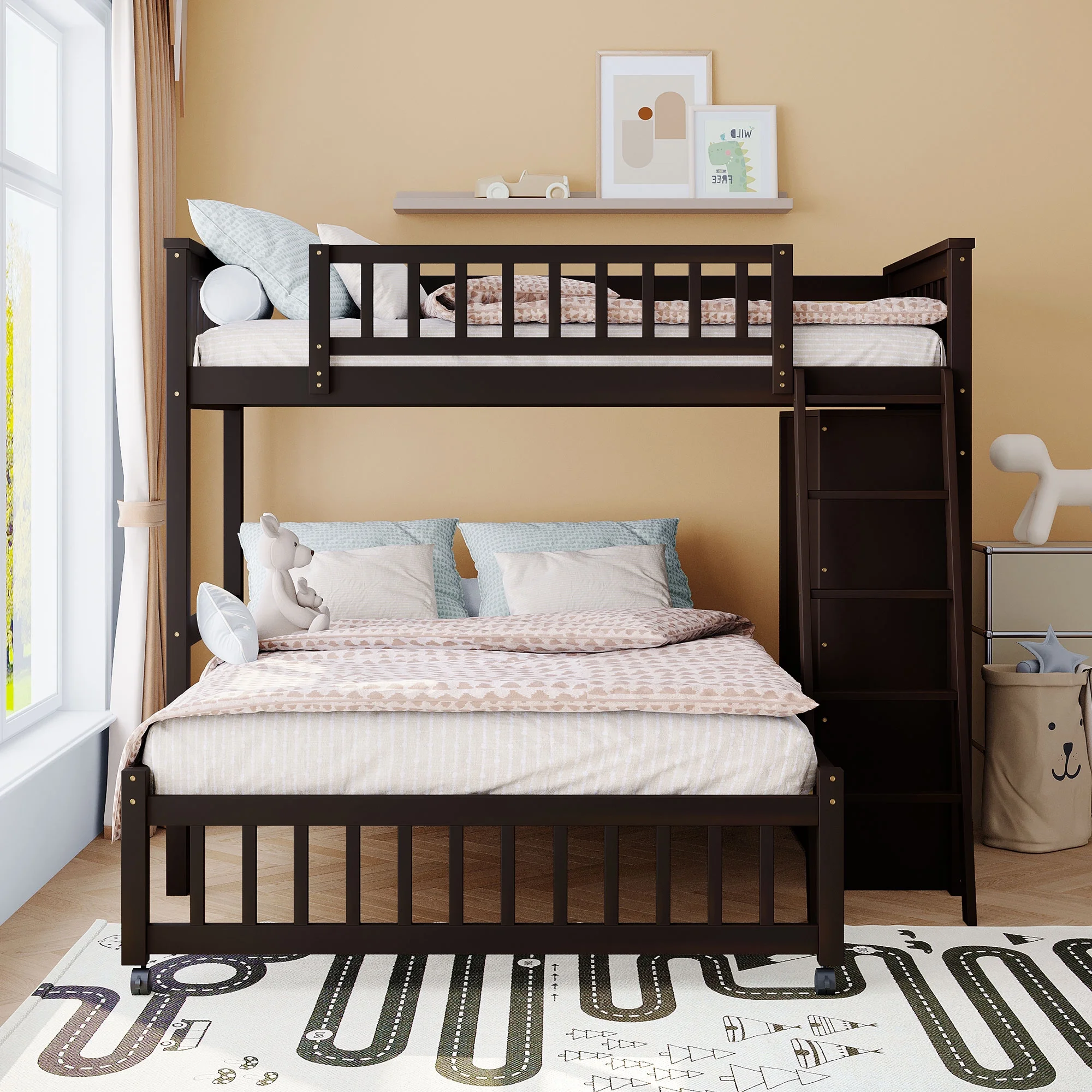 Harper & Bright Designs Full Over Twin Bunk Bed with Desk, Drawers and Shelves, L-Shaped Bunkbeds with Storage Staircase for Adults Bedroom, White