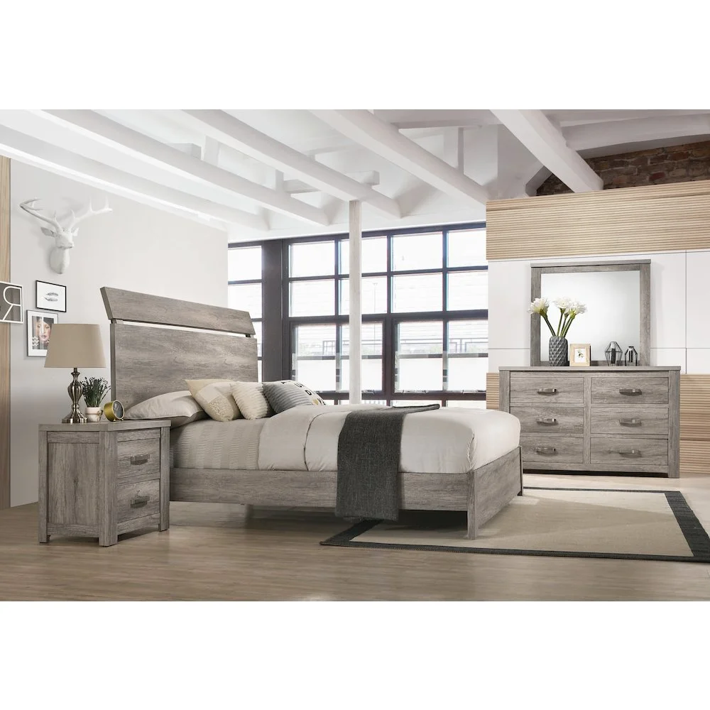 Roundhill Furniture living room Floren Contemporary Weathered Gray Wood Bedroom Set, King Panel Bed, Dresser, Mirror, Two Nightstands, Chest