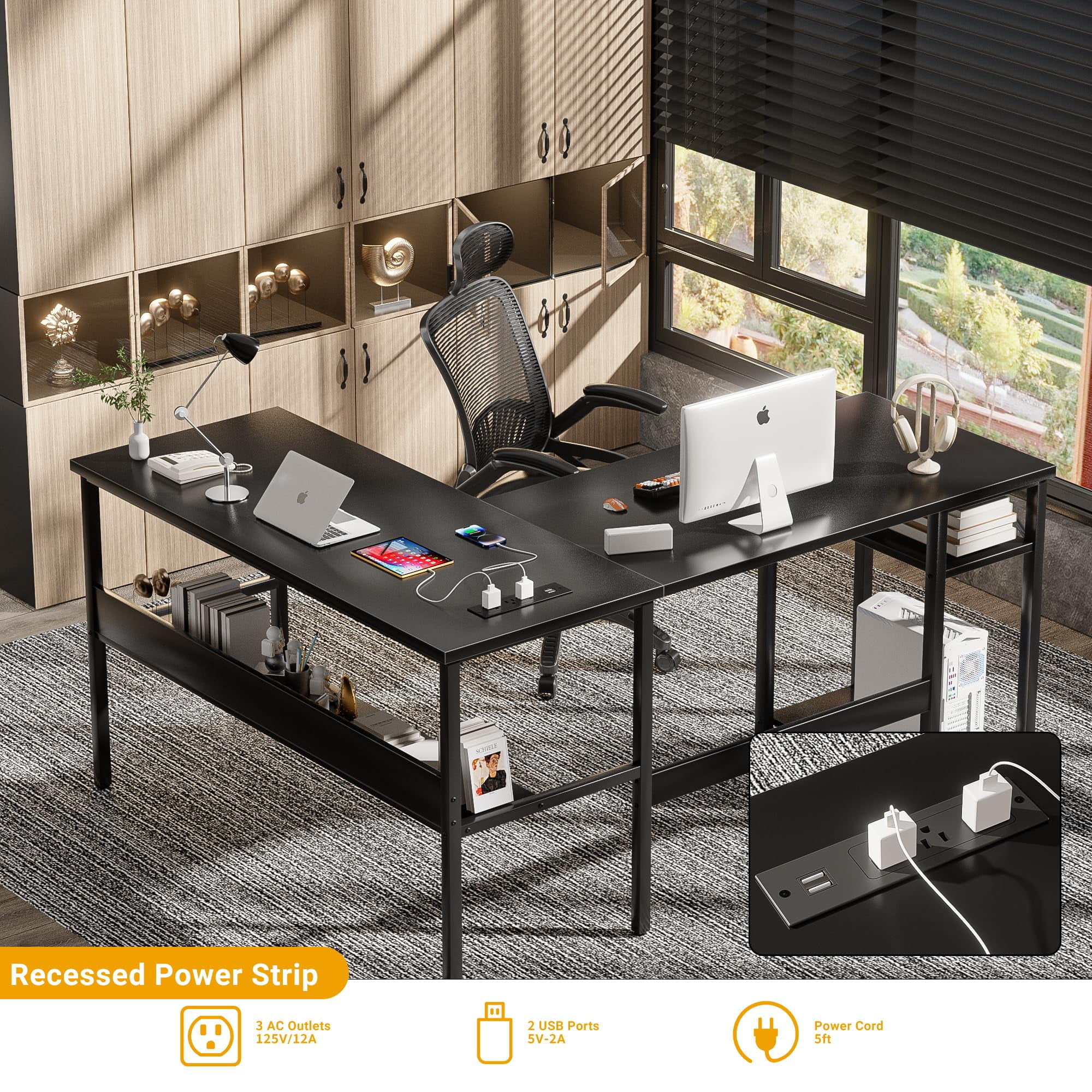 Homieasy Reversible L Shaped Desk with Magic Power Outlets and USB Charging Ports, Sturdy Corner Computer Desk with Storage Shelves, Gaming Table Home Office Desk, Easy to Assemble, Black Oak