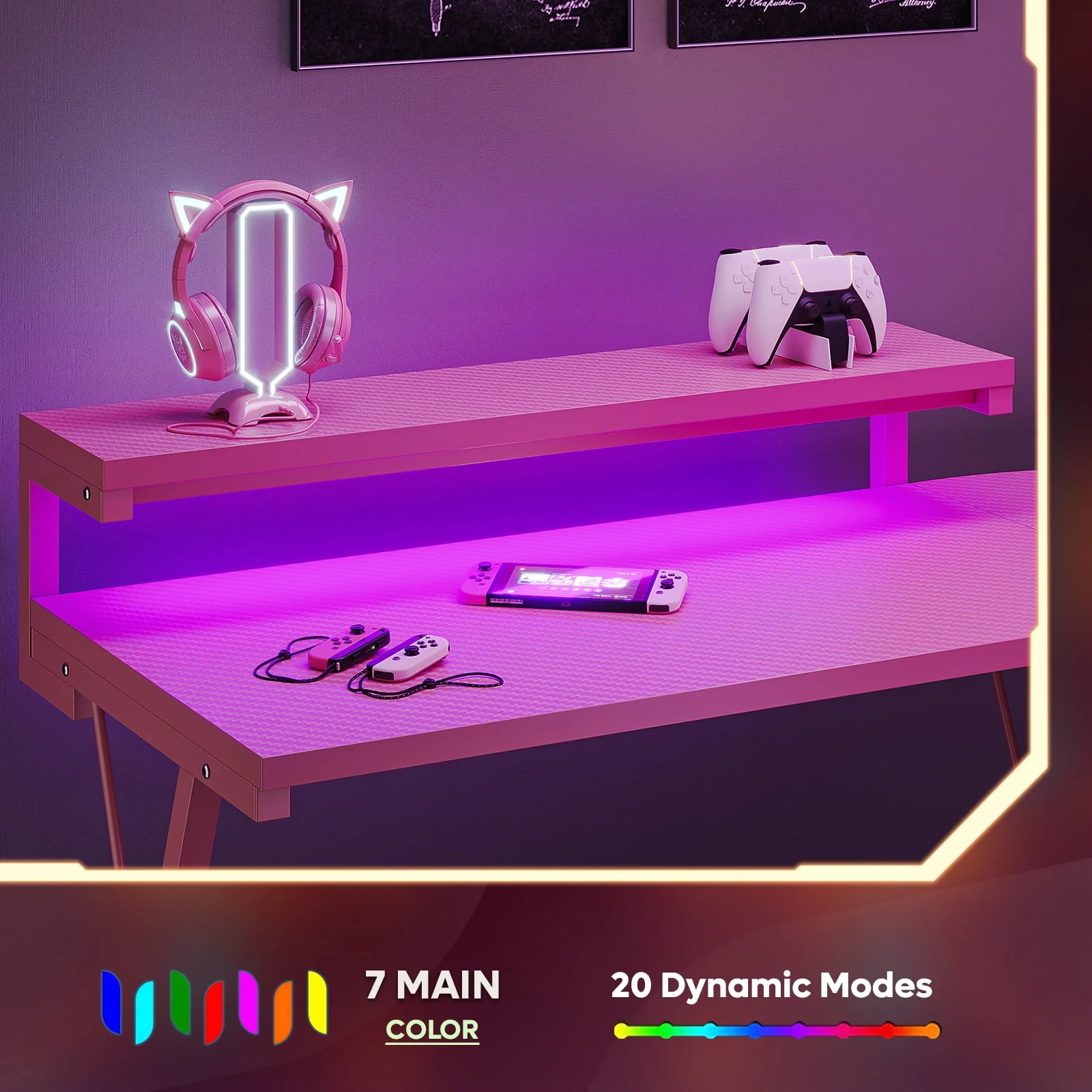 Bestier Pink Computer Desk with LED Light L-Shaped Desk Gaming Computer Desk with Monitor Stand
