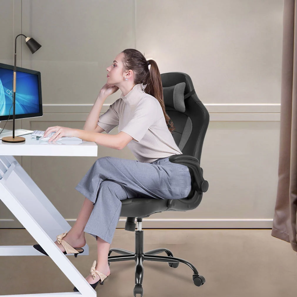 Gaming Chair Massage Office Chair Racing Desk Chair Ergonomic PC Executive High Back PU Leather Computer Chair with Lumbar Support Headrest Armrest Task Rolling Swivel Chair for Women Adults, Grey