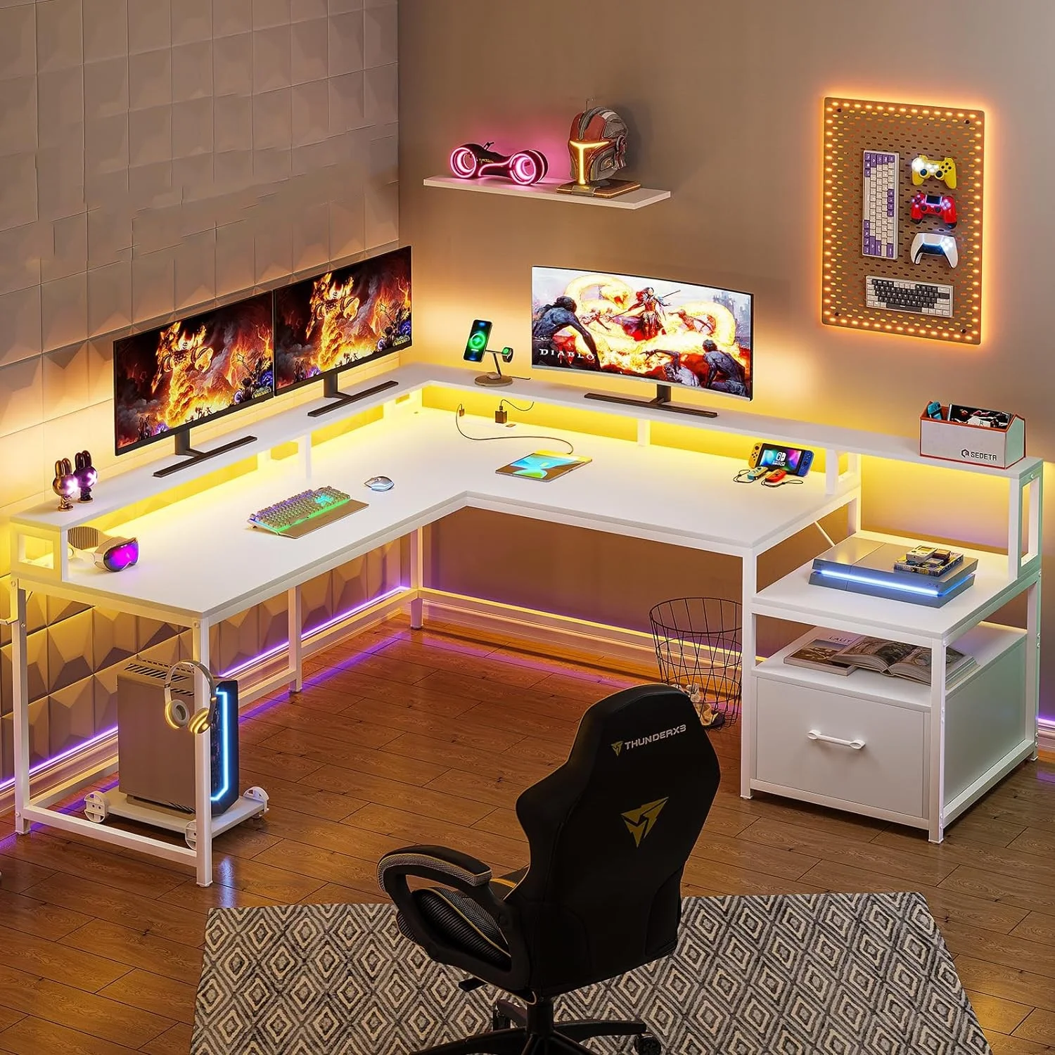 L Shaped Desk with Power Outlet and LED Lights, Corner Computer Desk with File Drawer for Home Office,  Gaming Desk,  Rustic Brown