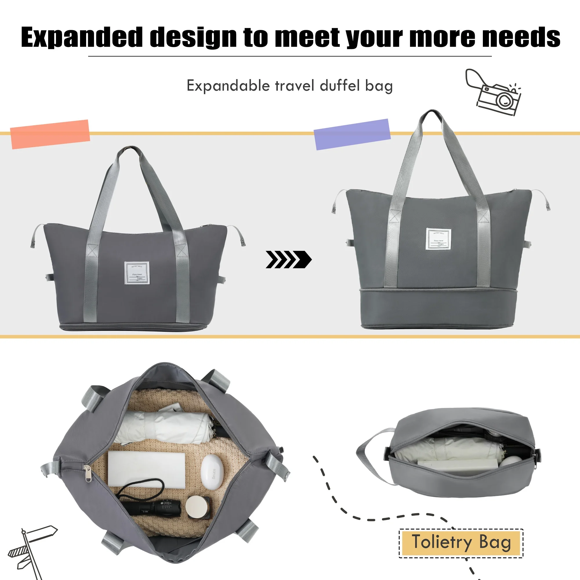PAPROOS 3 PCS Luggage Set with Duffel Bag, Lightweight Carry on Softside Suitcases Set, 20in 24in 28in Expandable Suitcase with Spinner Wheel and TSA Lock, Softshell Luggage Travel Set, Gray