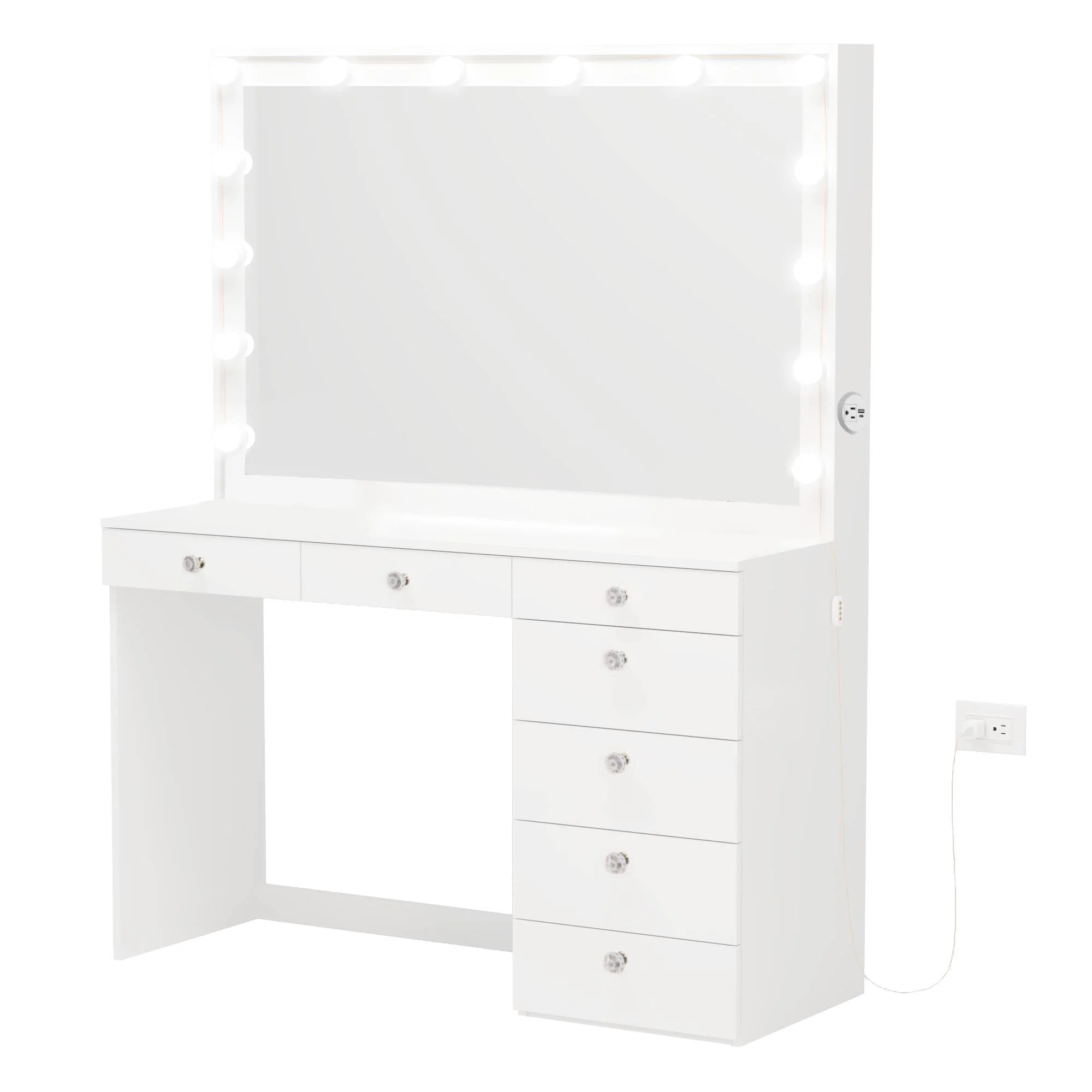Ember Interiors Caris White Makeup Vanity Desk with Add-On Lights, Charging Station, and Mirror, for Adults