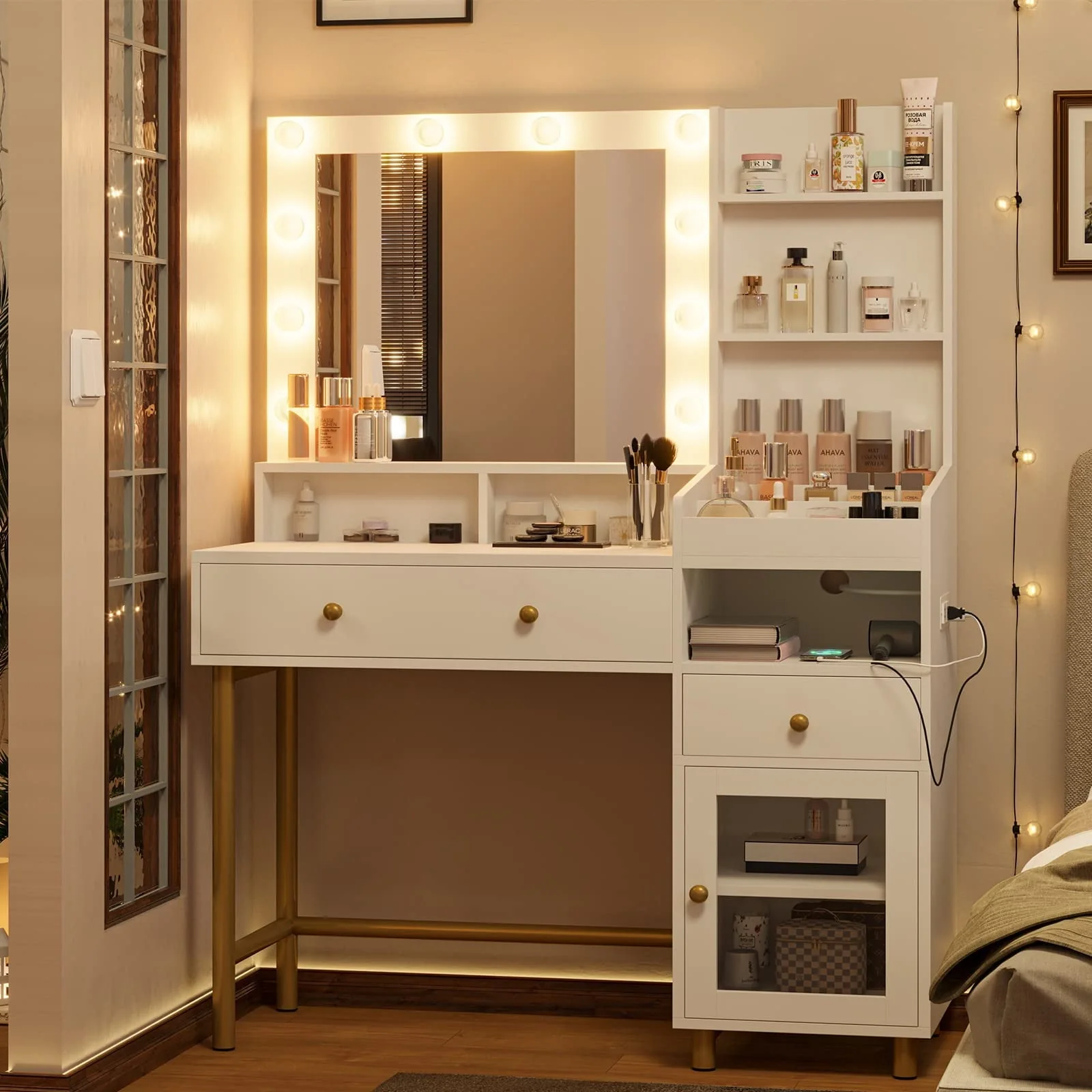 Vanity Desk with Mirror and Lights in 3 Colors,Vanity Makeup Desk with Lights and Drawers,White Vanity Table with Charging Station,Unique Separation Design