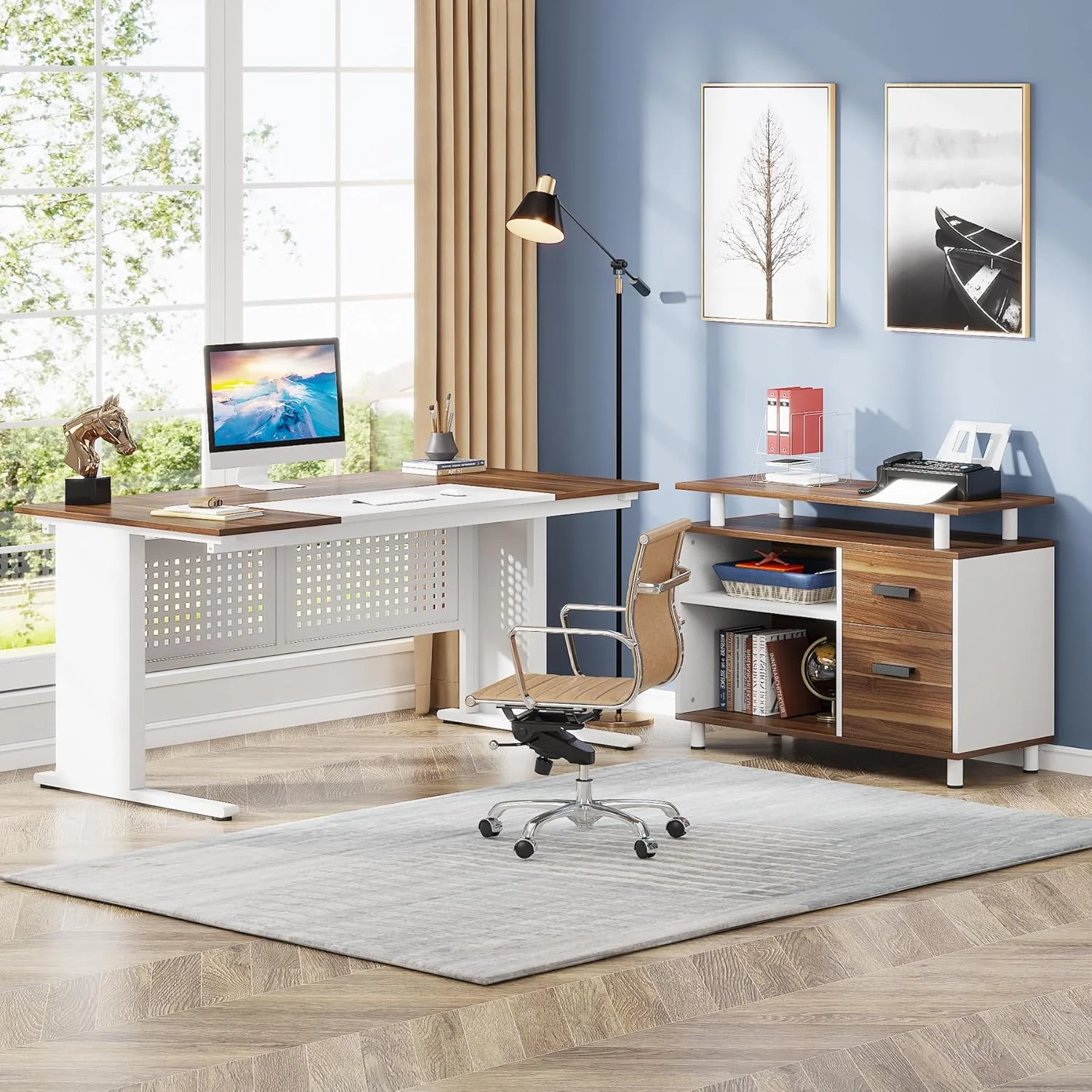 Tribesigns 63 Inch Executive Desk with File Cabinet, Large Office Desk L Shaped Computer Desk with Drawers and Storage Shelves, Business Furniture Desk Workstation for Home Office, Brown and Black