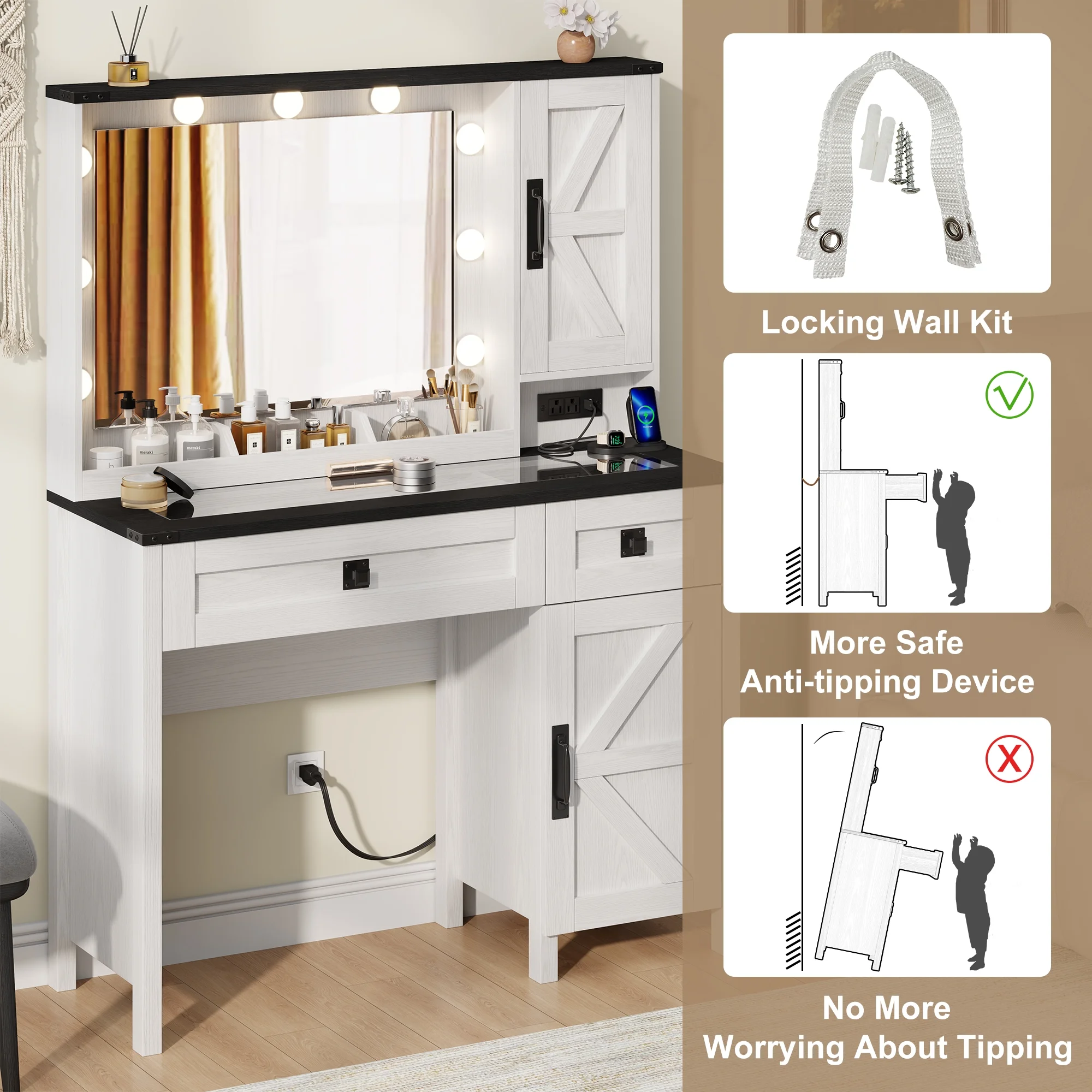 GIKPAL Makeup Vanity, Vanity Desk with Mirror & Glass Top, Farmhouse Vanity with Lights, Charging Station and Drawers, Rustic White