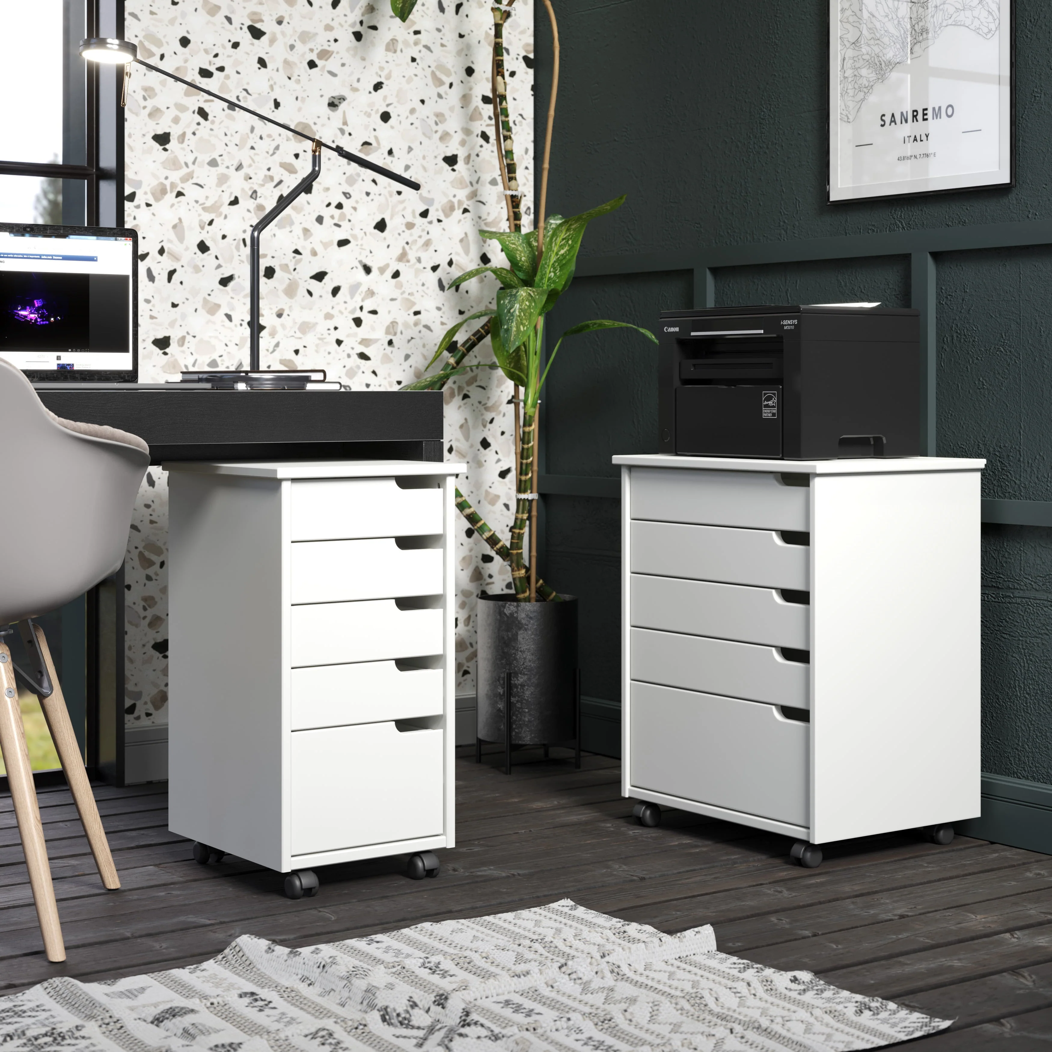 Adeptus Original Euro Roll Cart, Solid Wood, 4+1 Drawer Extra Wide Drawers Roll Carts, White