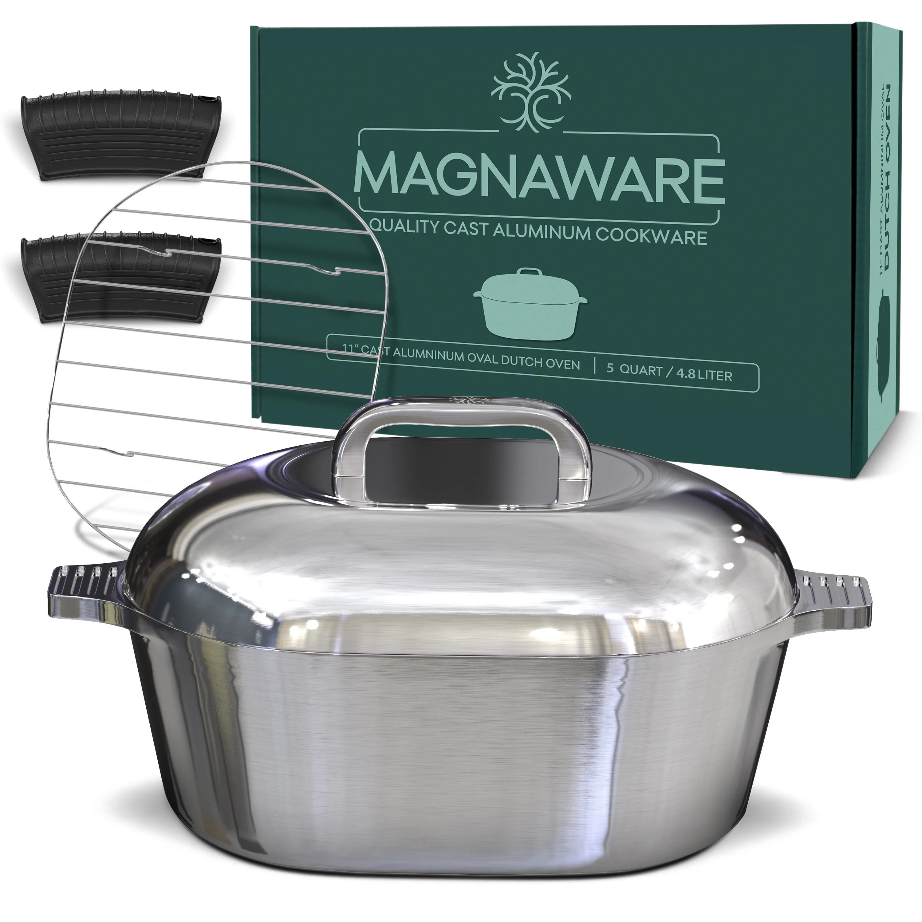 MAGNAWARE 5qt Lightweight Cast Aluminum Oval Dutch Oven, Silver