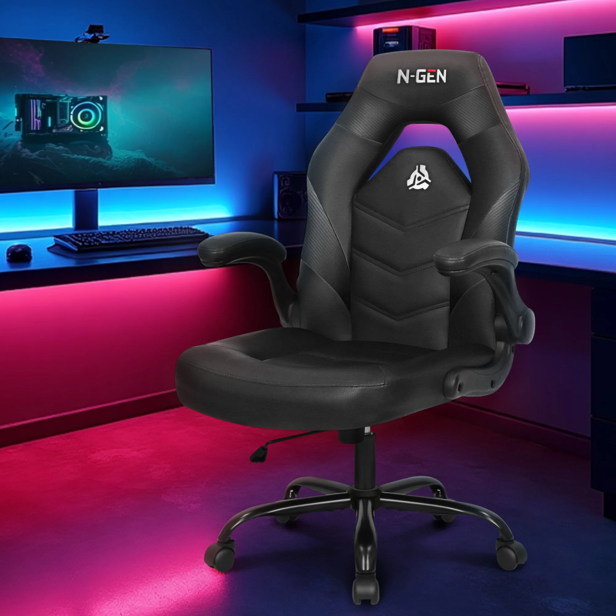 N-GEN Red Gaming Chair, Flip-up Armrest Computer Chair Ergonomic Office Chair PU Leather Desk Chair Executive Adjustable Swivel Task Chair