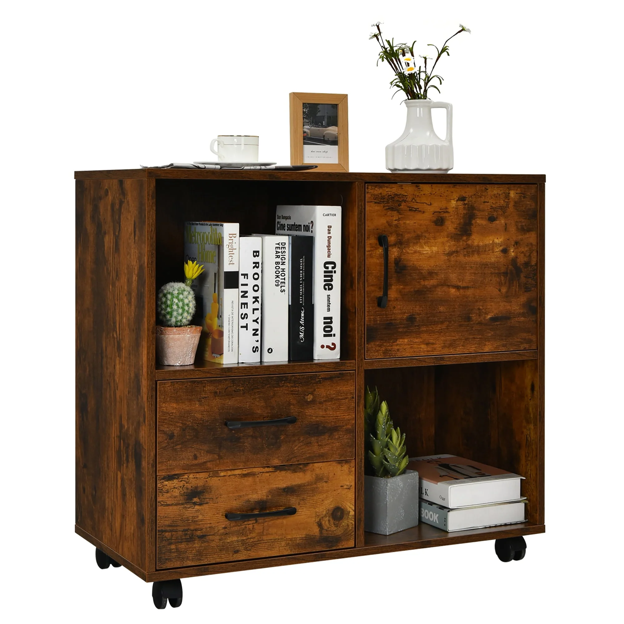 Costway File Cabinet Mobile Lateral Printer Stand with Storage Shelves Brown