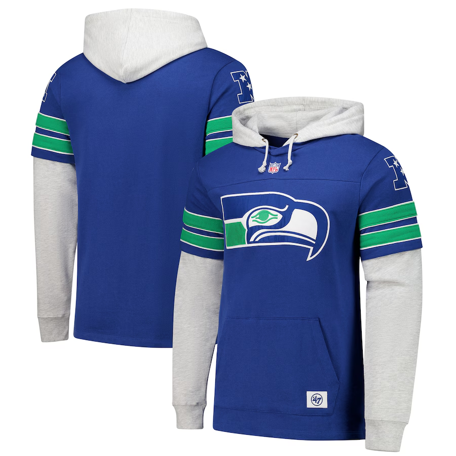 Men's '47 Royal Seattle Seahawks Double Header Blitz Cornerback Pullover Hoodie