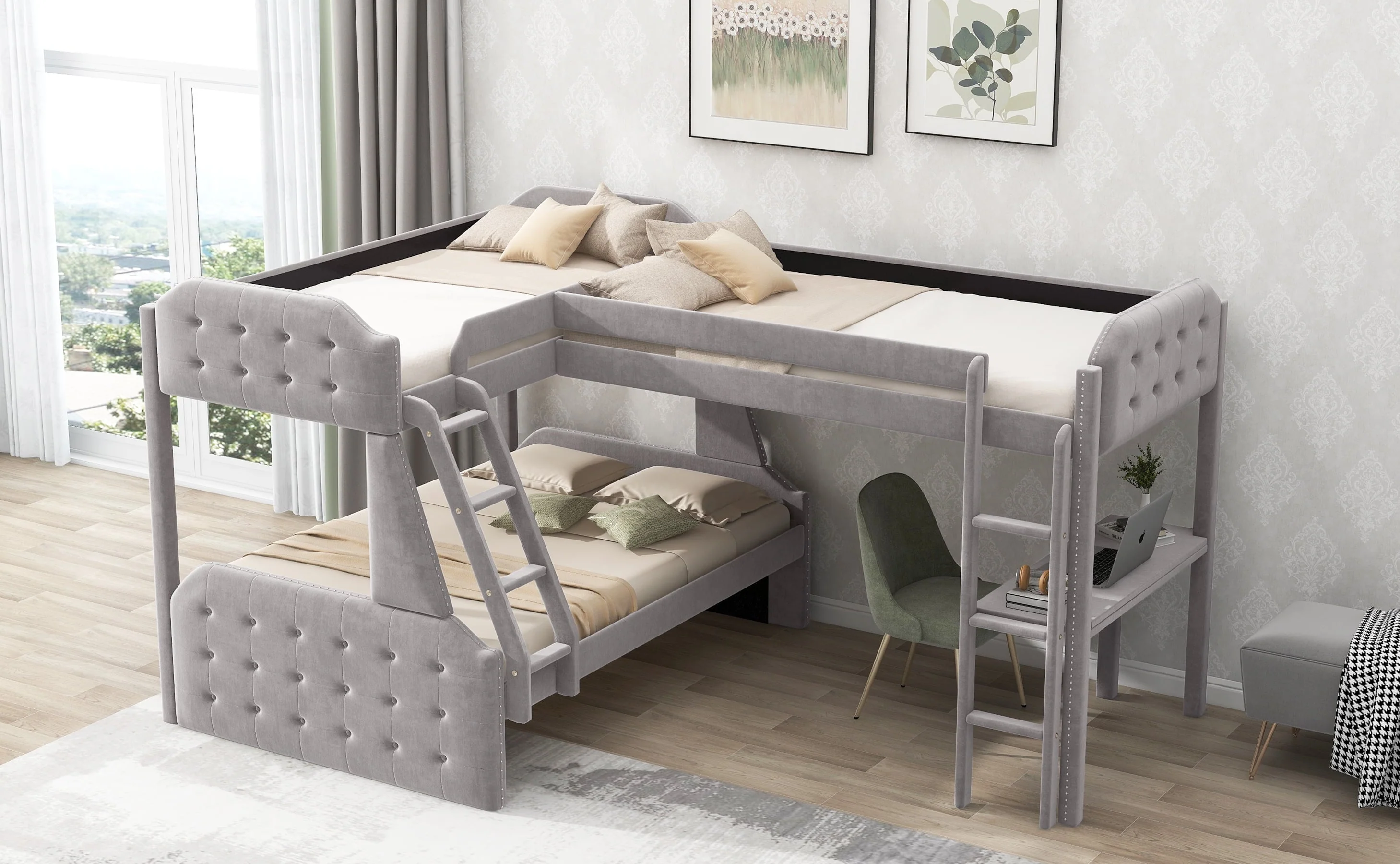 EUROCO Upholstery L-Shaped Twin over Full Bunk Bed and Twin Loft Bed with Desk for Kids Bedroom, Gray