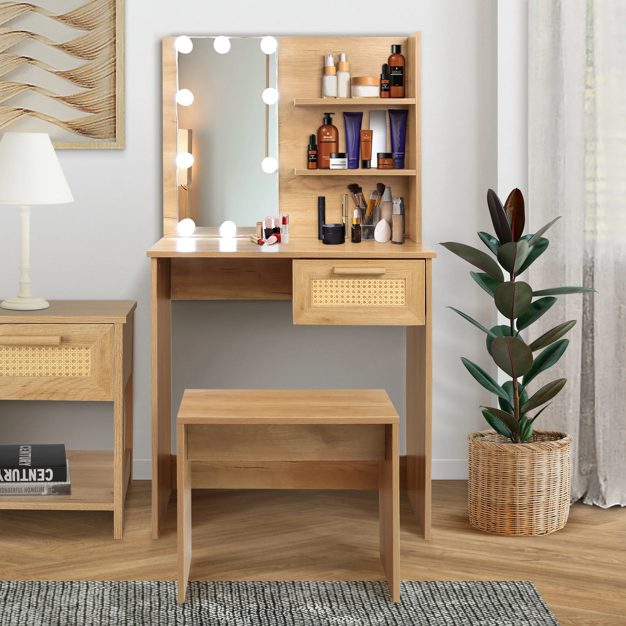 PORKISS Makeup Vanity Desk with Mirror & Lights, Vanity Table Set with Power Outlet & Hair Dryer Rack, Modern Dressing Table for Bedroom with 2 Drawers, Storage Cabinet and Storage Stool, White