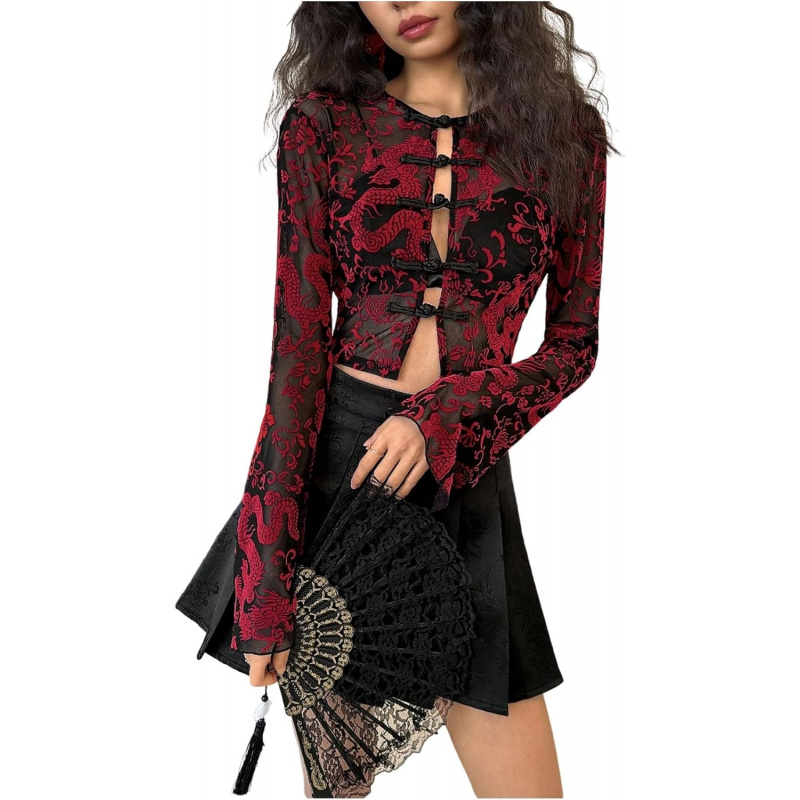 Women's Mesh Sheer Cheongsam Top Dragon Print