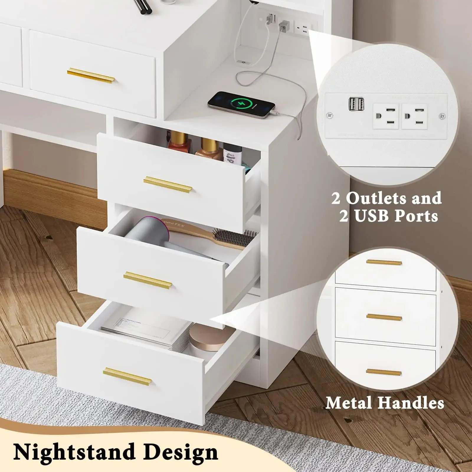 White Vanity Set Desk Table with 10 LED Lights & Charging Station & Sliding Mirror, Modern Makeup Vanity Desk Dressing Table with 5 Drawers for Bedroom, 10 LED Light Bulbs