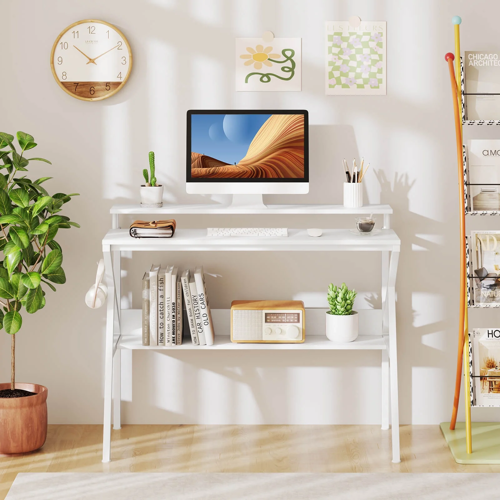 Costway Home Office Desk with Monitor Stand, Open Shelf & Metal Frame, Earphone Hook White