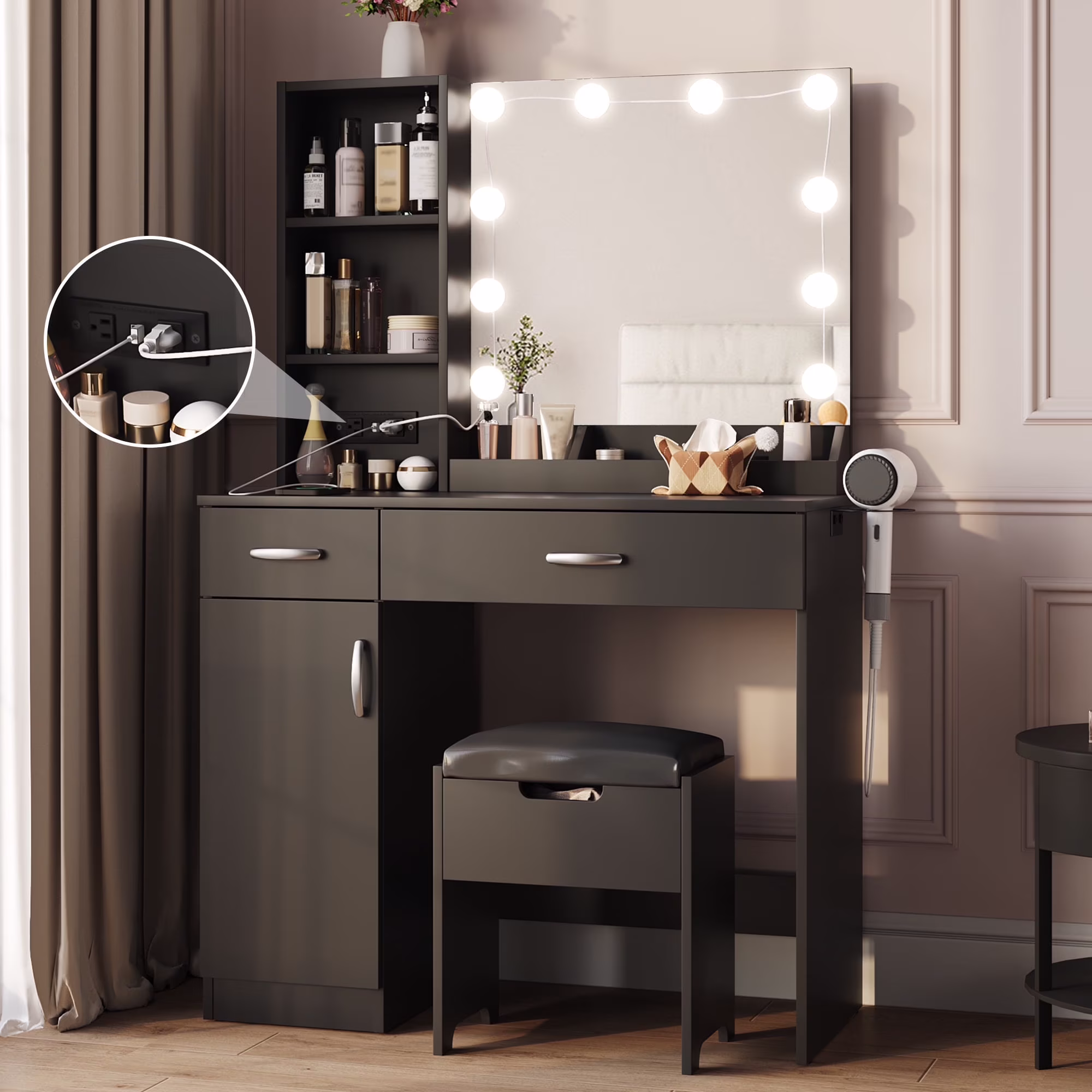 Veanerwood Makeup Vanity Desk with Lighted Mirror & Power Strip, Girls Dressing Table with Storage Shelves, White