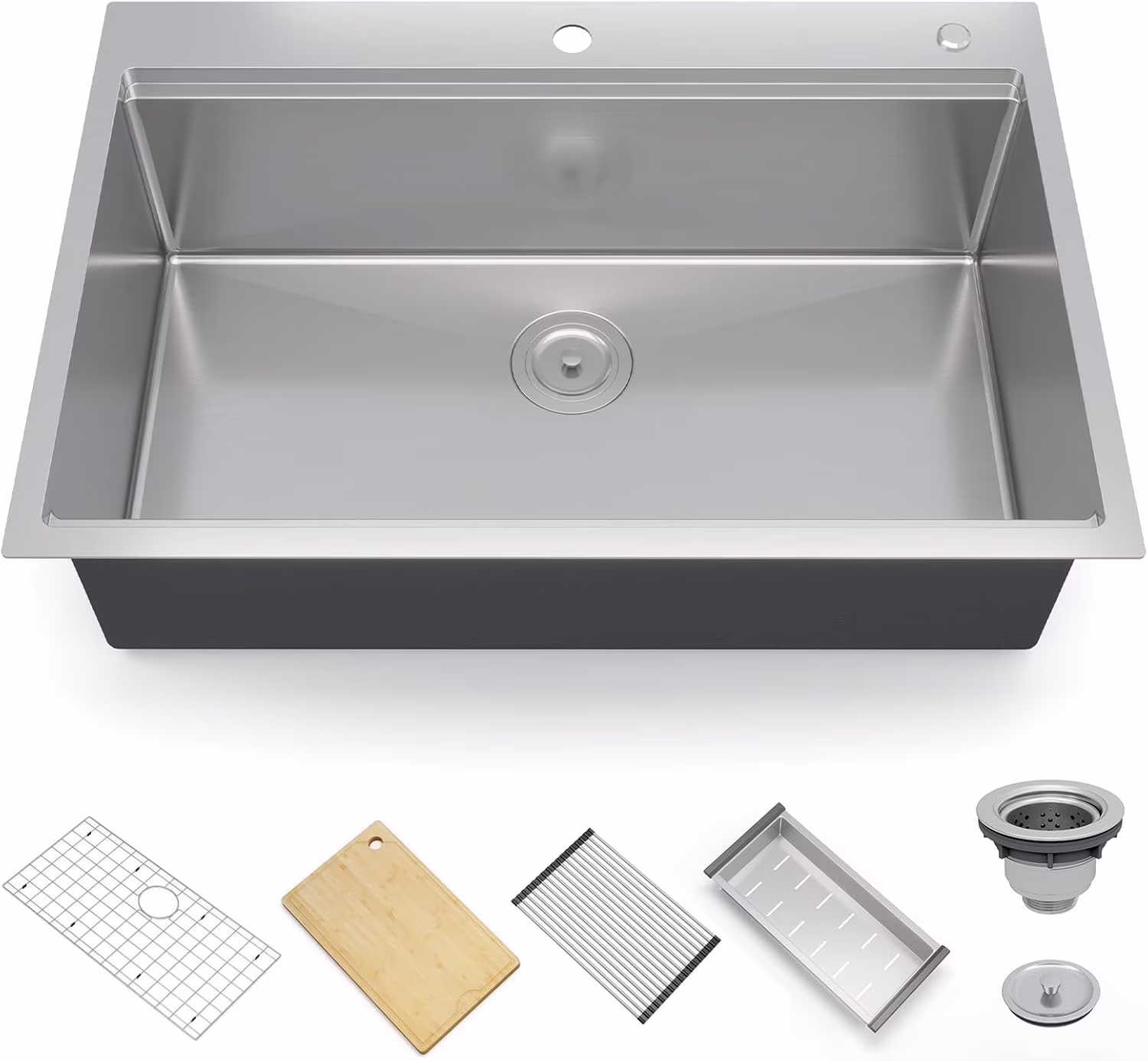 Kitchen Sink,Drop in Single Bowl Stainless Steel Bar Sink with Cutting Board,Undermount Workstation Kitchen Sink with Accessories