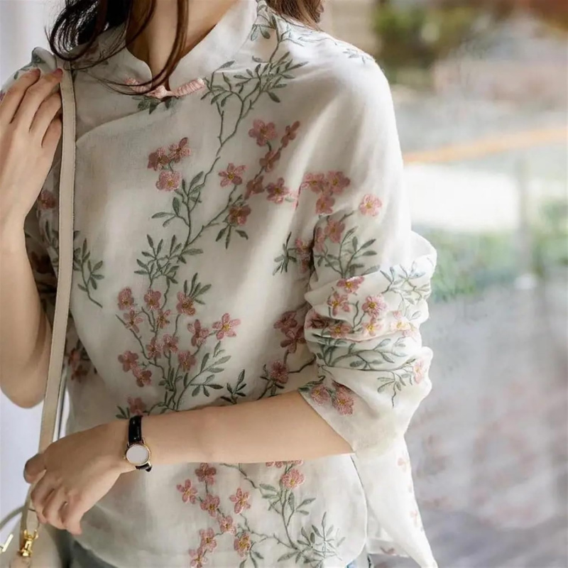 Soft Women's Blouse Shirt Chinese Style Long Sleeve Cheongsam Shirt All Match