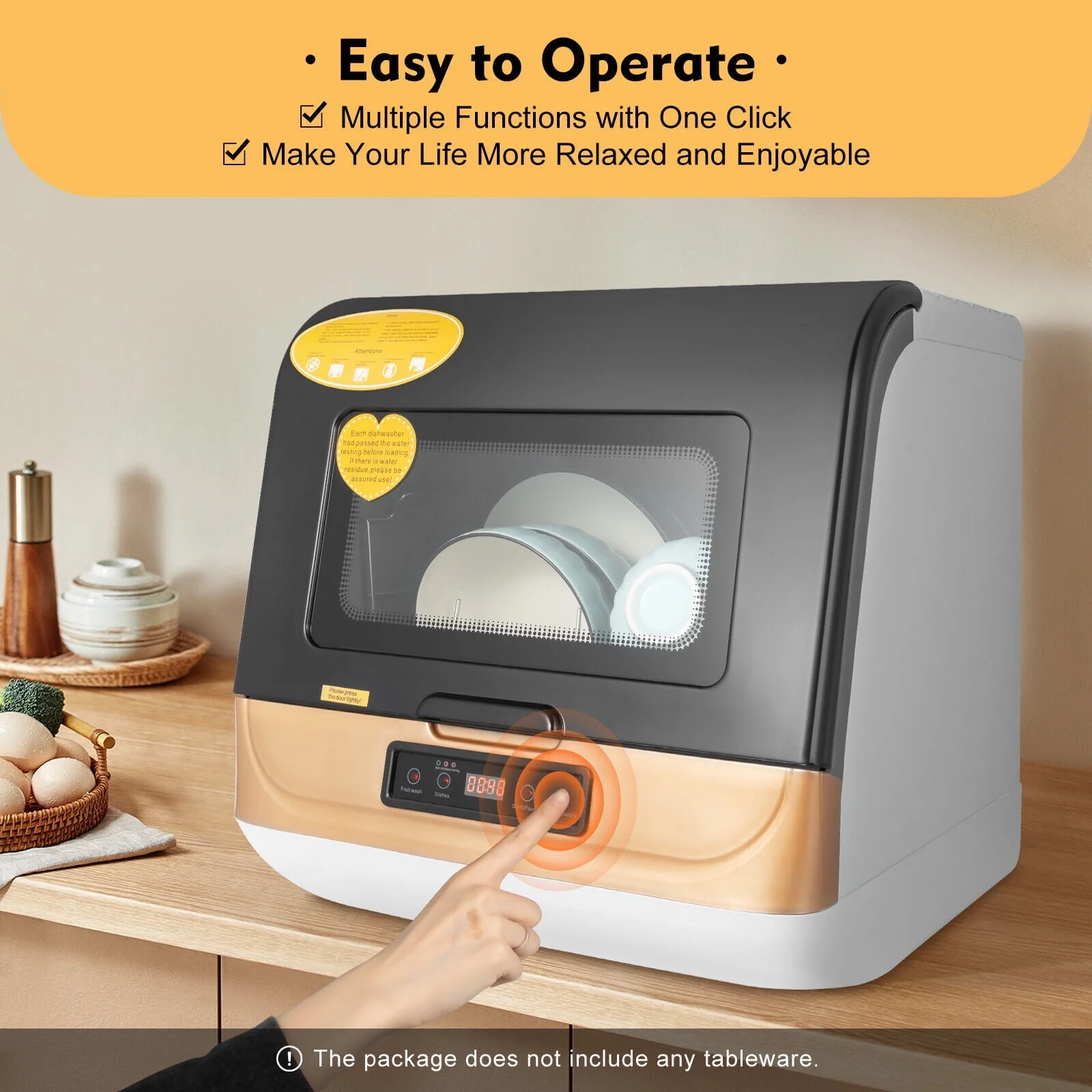 Non-Installation Compact Dishwasher, 4-6 Sets Capacity, 99.9% Sterilization, Black/White/Gold, 800W, for Home Use