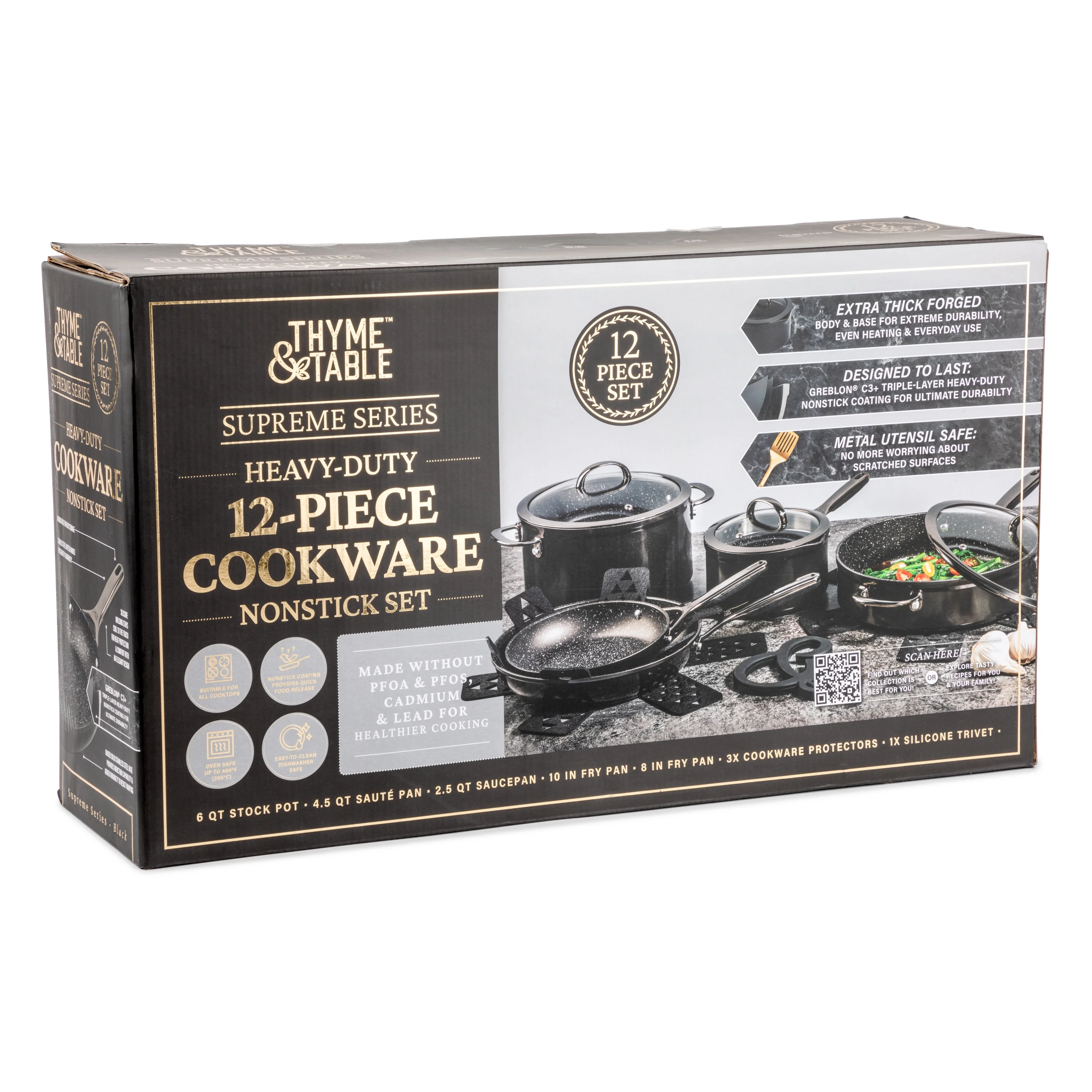 Thyme & Table 12-Piece Non-Stick Supreme Cookware Set, Pots and Pans Set - Cream