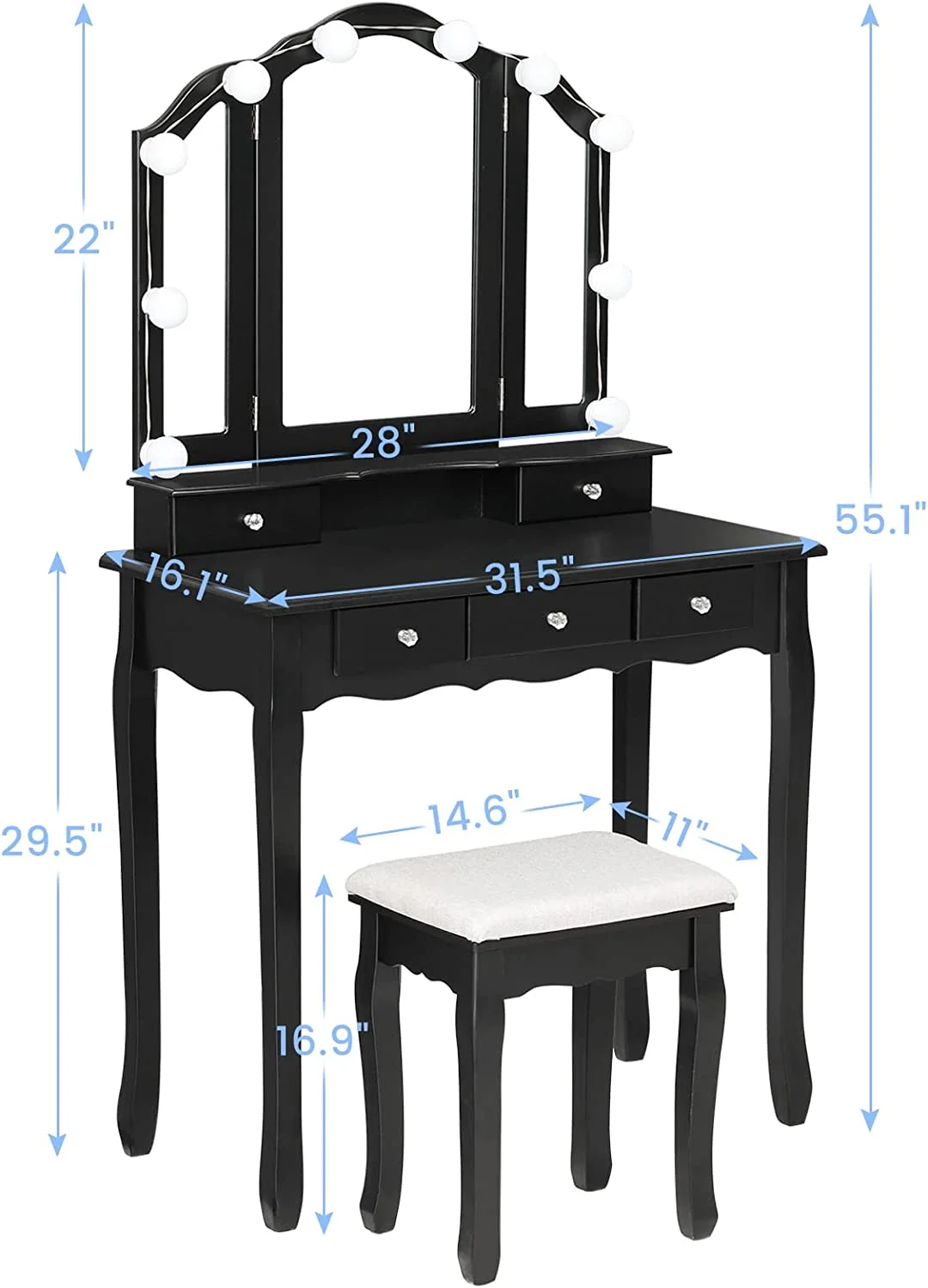 Afuhokles Vanity Table Set with Lighted Tri-Fold Mirror and Stool, Makeup Vanity Dressing Desk 5 Drawers, White