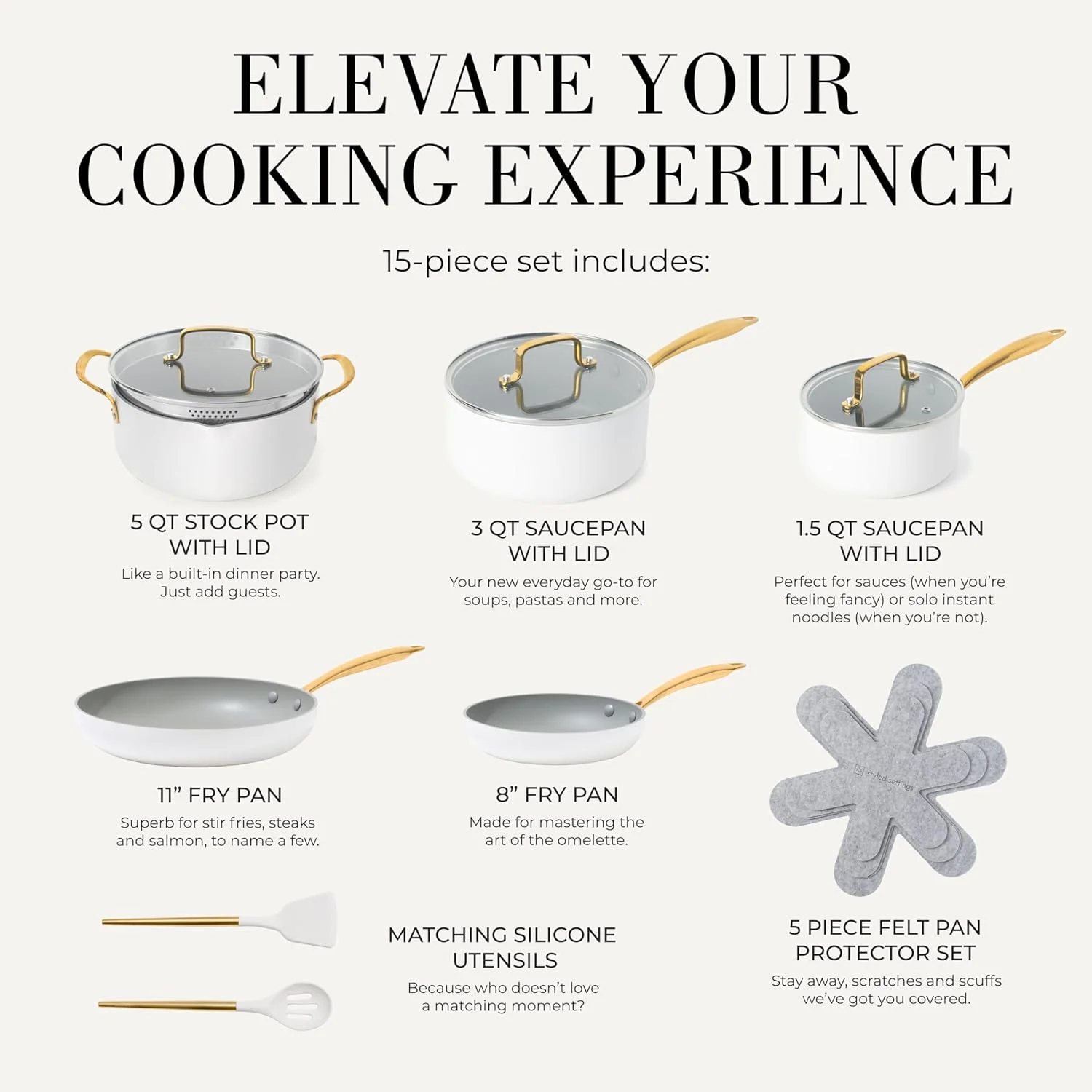 Styled Settings White Pots and Pans Set Nonstick-15 Piece Luxe White Cookware Set Non Toxic,Oven Safe,Induction Safe Cooking Pot with Strainer Lid,Gold Cooking Utensils,Gold Pots & Pans��
