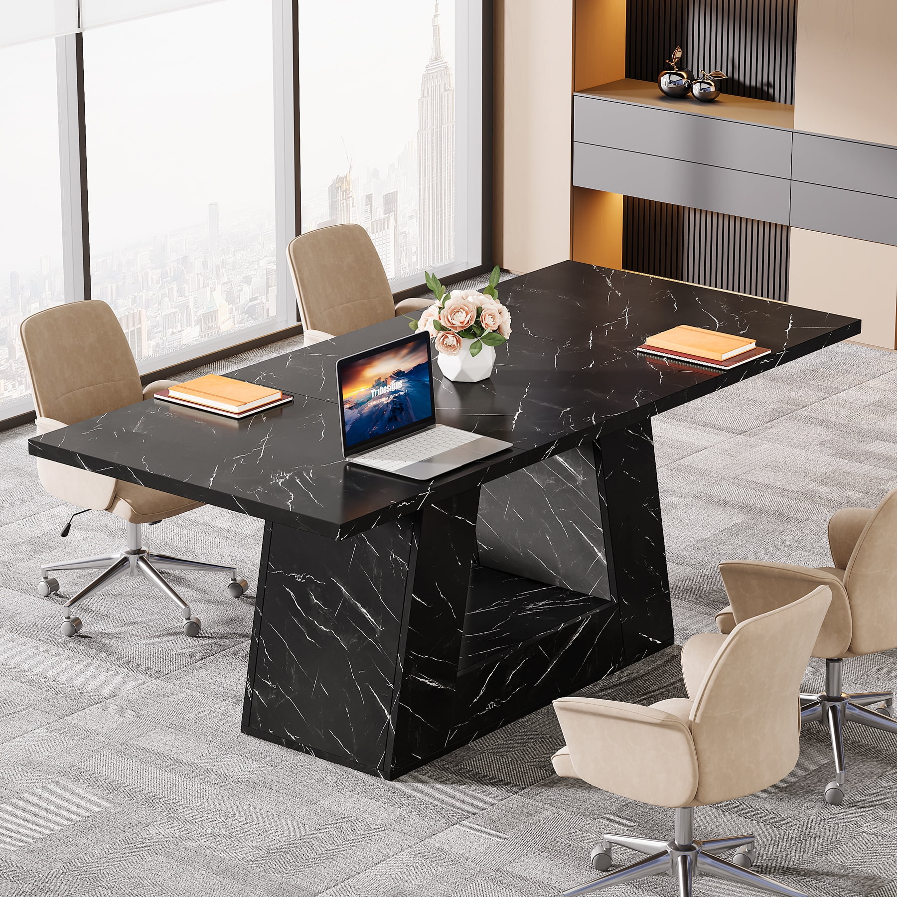 Tribesigns Modern Computer Desk, 63 inch Wooden Faux Marble Study Writing Table with Sturdy Base for Home Office, Black