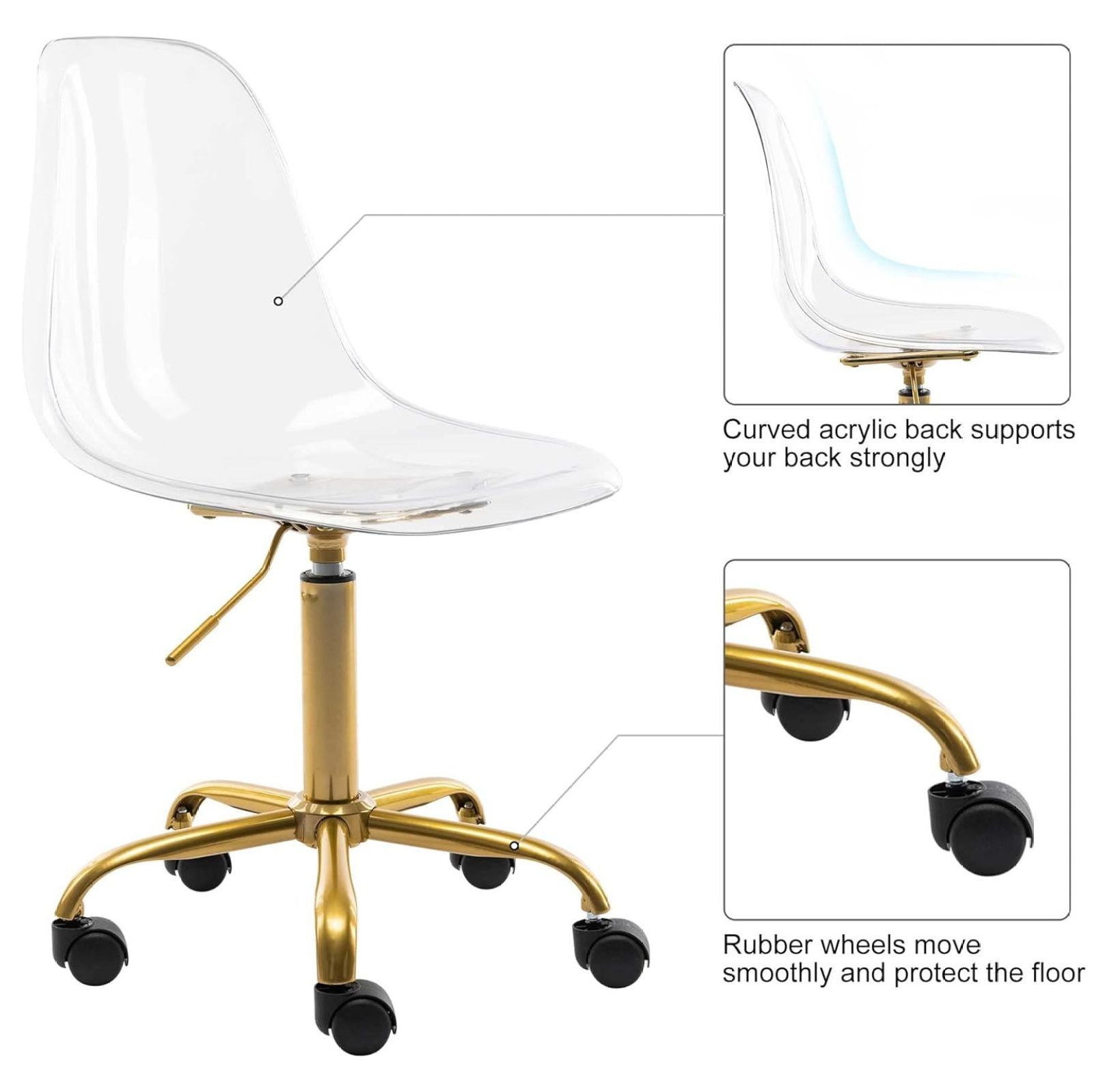 saney Clear Rolling Chair, Armless Desk Chair with Golden Feet Swivel Molded Plastic Shell Adjustable Home Office Chair with Wheels, Clear