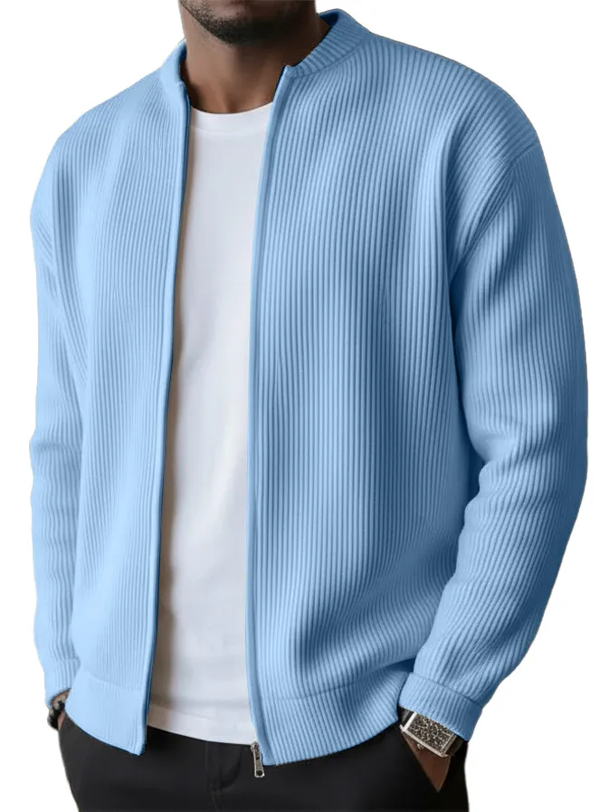 Men's Simple Casual Ribbed Stand Collar Zipper Long Sleeved Jacket