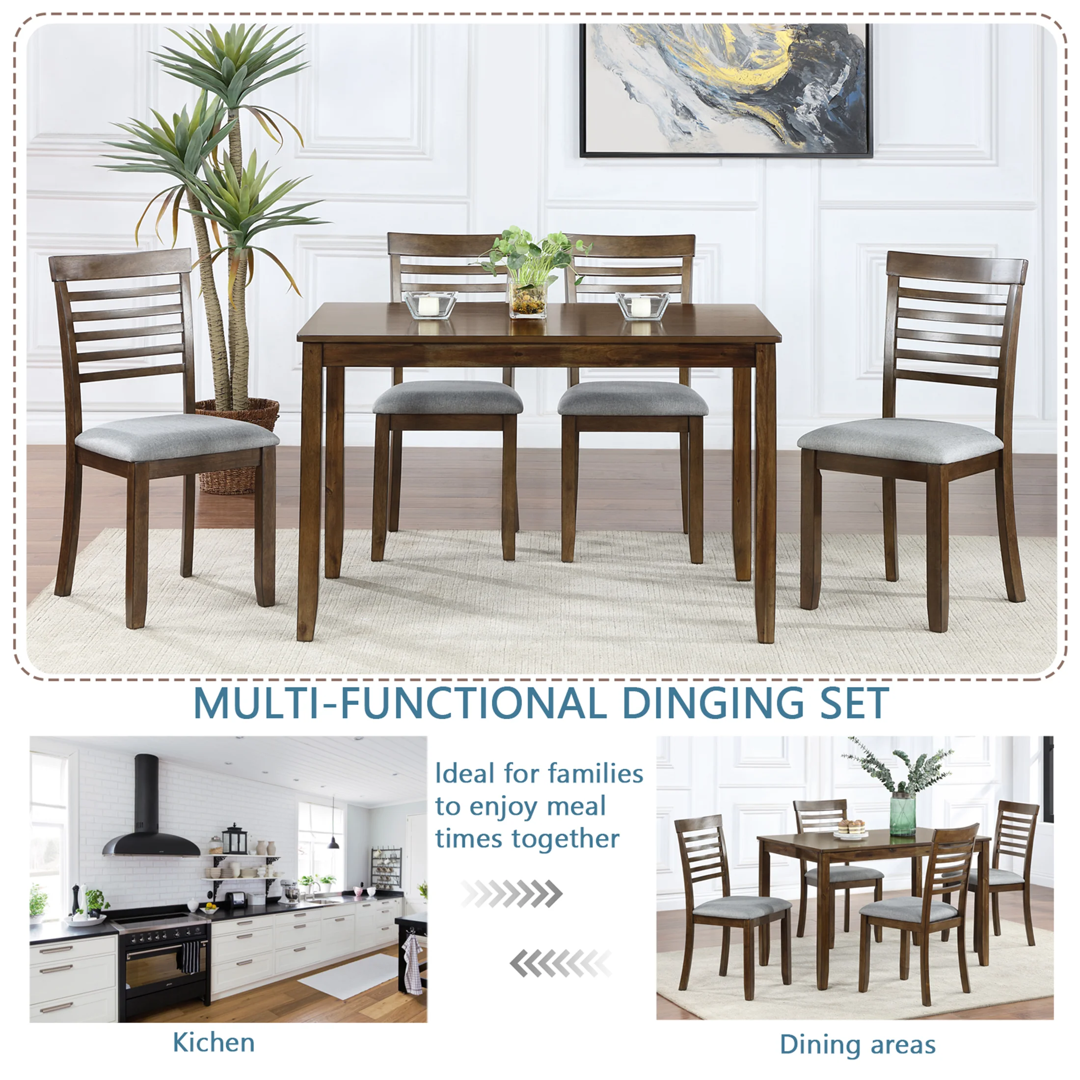 Sesslife 5 Piece Dining Set with One Rectangle Table and 4 Upholstered Chairs for 4 Persons, Dining Room Table Set for Small Place(Table+4 Chairs)