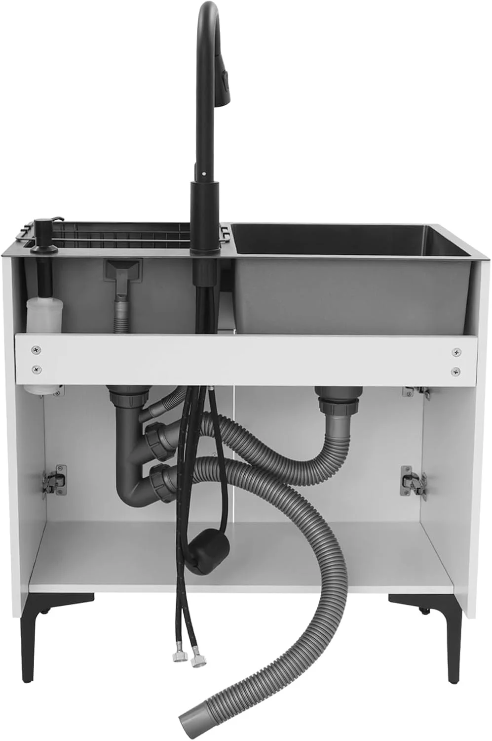 Laundry Sink with Cabinet & Pull-Out Faucet, Kitchen Sink Cabinet with Draining Basket, Stainless Steel Double Bowl Utility Sinks, Wash Station Tub for Kitchen, Laundry Room (Black)