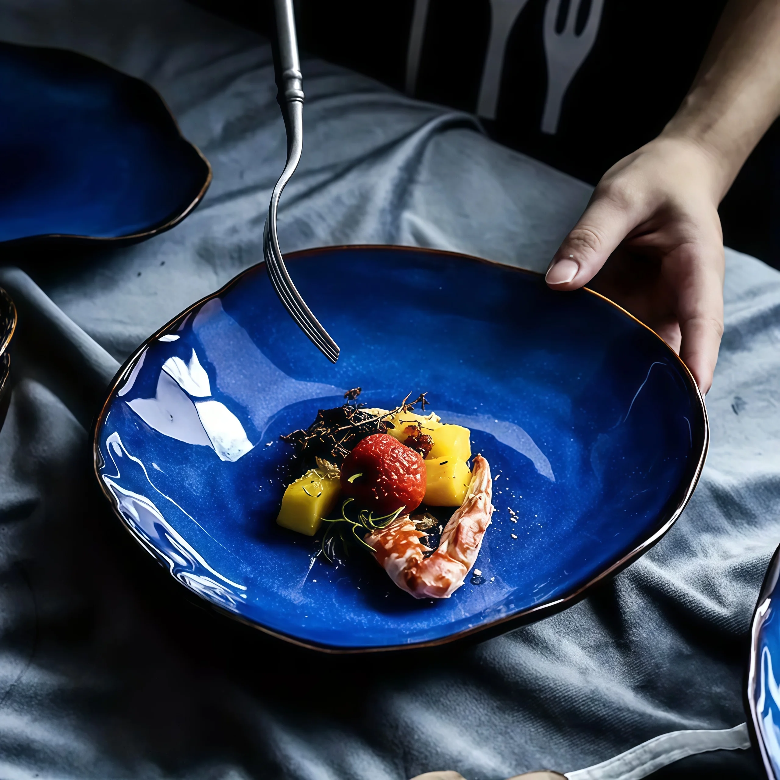 TAUFIKT 16pcs Nordic-style Ceramic Tableware Set, Blue Irregular Artistic Design Dinnerware