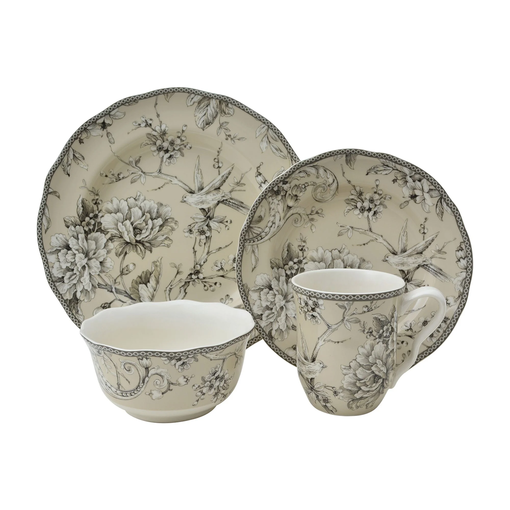 222 Fifth Adelaide Round 16-Piece Porcelain Dinnerware Set, Black Toile