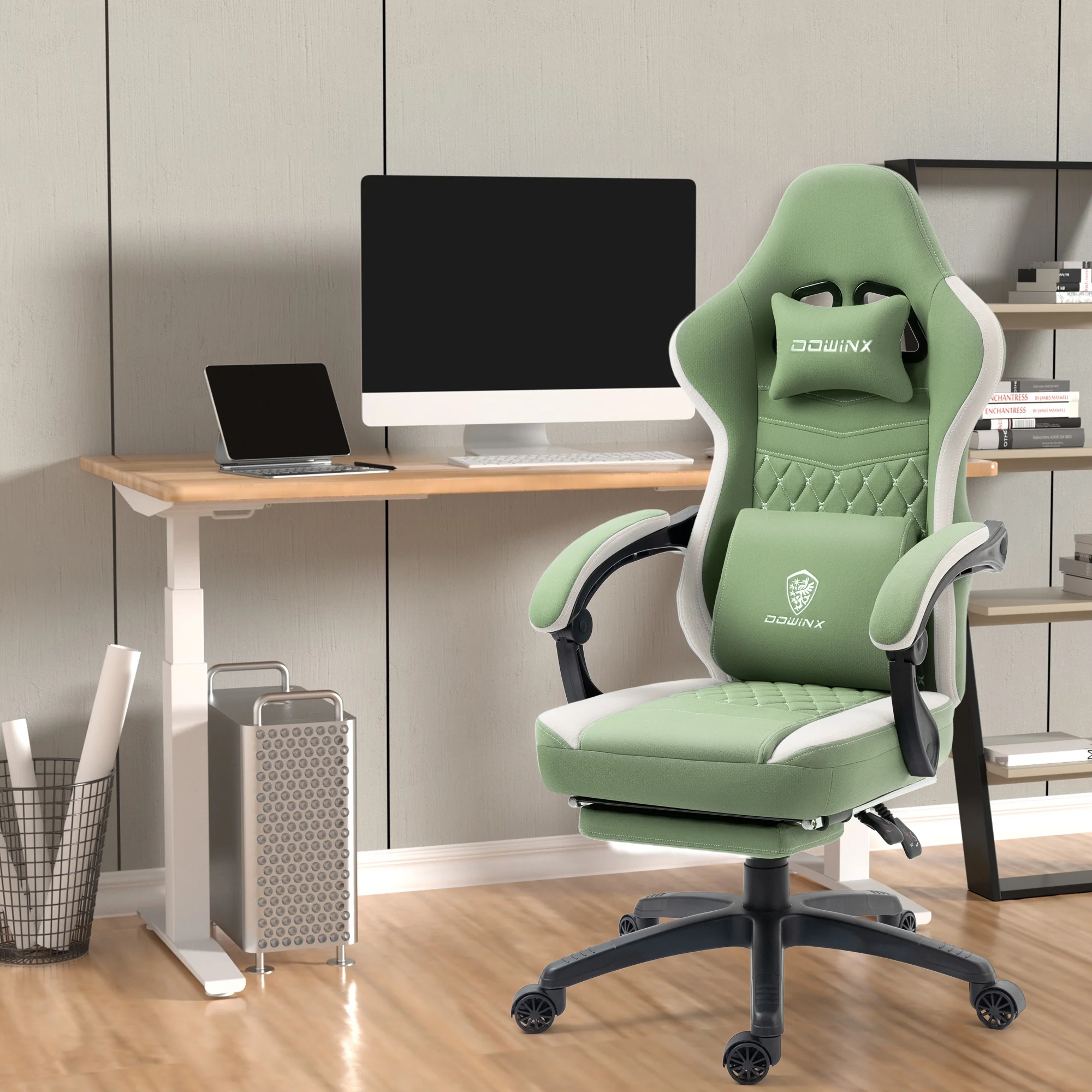 Dowinx Gaming Chair with Pocket Spring Cushion, Breathable Fabric Computer Chair with Gel Pad, Comfortable Office Chair with Storage Bag, Massage Game Chair with Footrest, Green