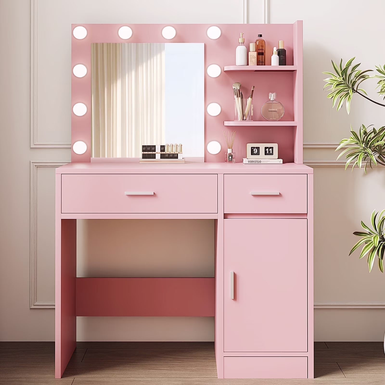 LIVELYGLOW Vanity Desk with Mirror and Lights, Makeup Vanity with Drawer & Storage Shelves, Cabinet, 3 Lighting Modes Adjustable Brightness,White