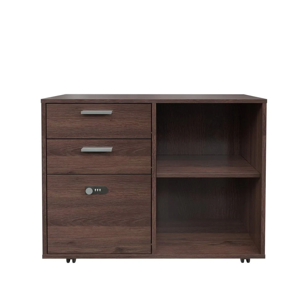 Hassch Mobile Lateral Filing Cabinet Office Wood File Cabinet with Coded Lock Printer Stand with Storage Open Shelves, Brown Oak