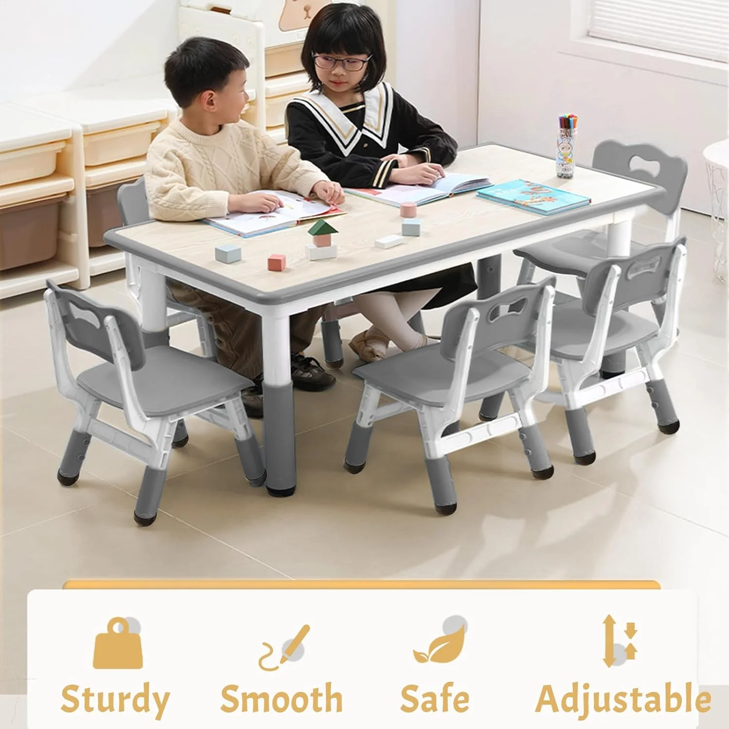 Twister.CK Kids Table and Chairs Set, Height Adjustable Toddler Table and 6 Chair, Multi-Activity Table with Graffiti Desktop for Ages 2-10, Children Activity Table for Daycare, Classroom, Home, Gray