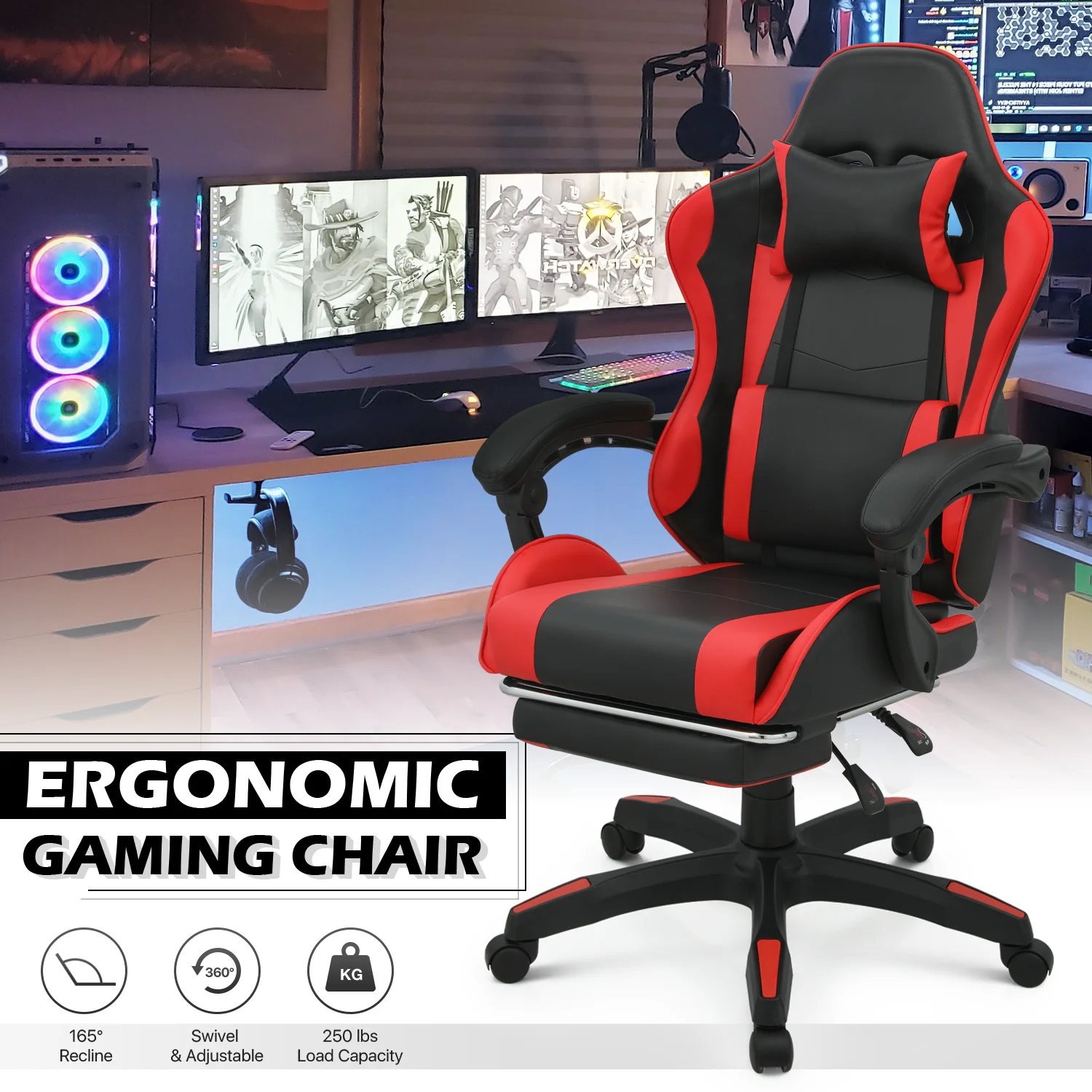 MoNiBloom Gaming Office Chair, Ergonomic High Back Gaming Chair with Headrest and Lumbar Support, Ergonomic Swivel Chair , Red