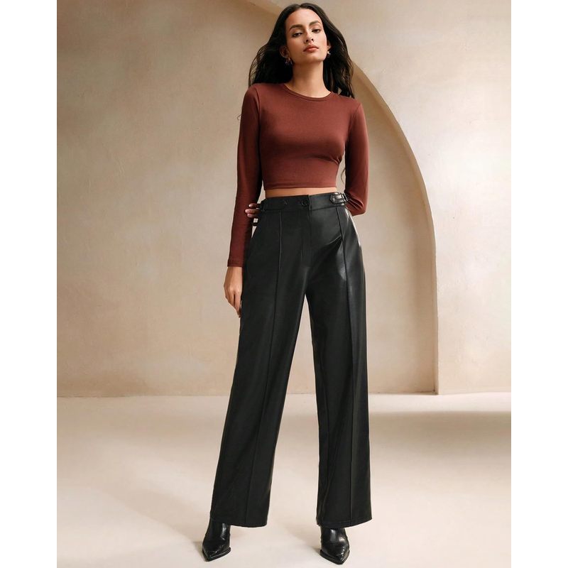 Women Faux Leather Pants High Waist Wide Leg