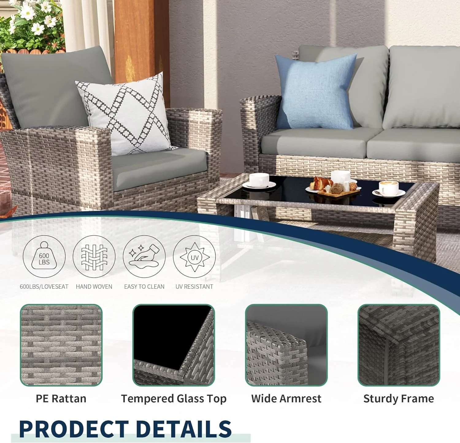 Poteban Wicker Patio Furniture Set, 4 Piece Outdoor Sectional Conversation Sets, Gray PE Rattan Patio Sofa Set for Balcony, Porch, Backyard, Grey