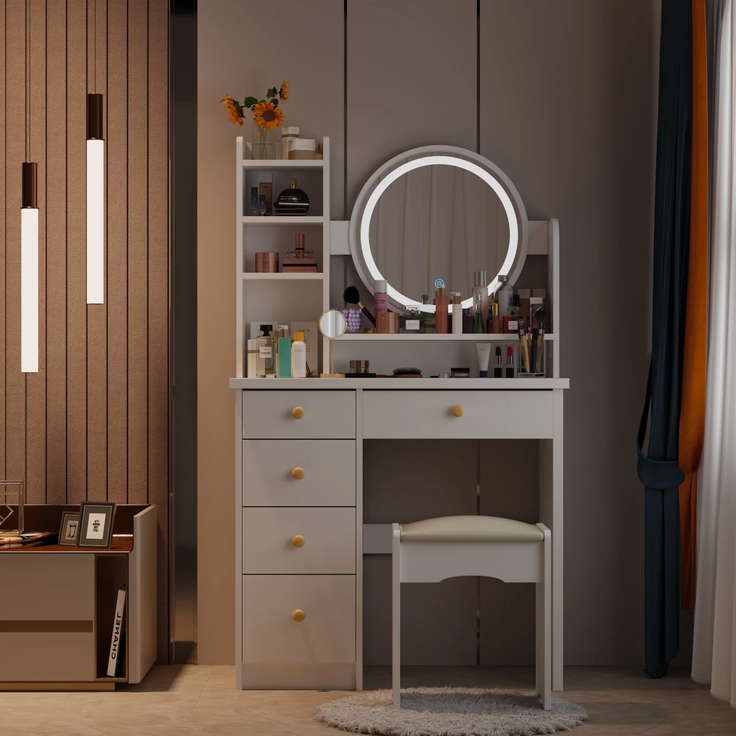 MONSLIPA Makeup Vanity Desk Set w/ Light, Sturdy Dressing Vanity Table with Bench, Shelves & Drawers
