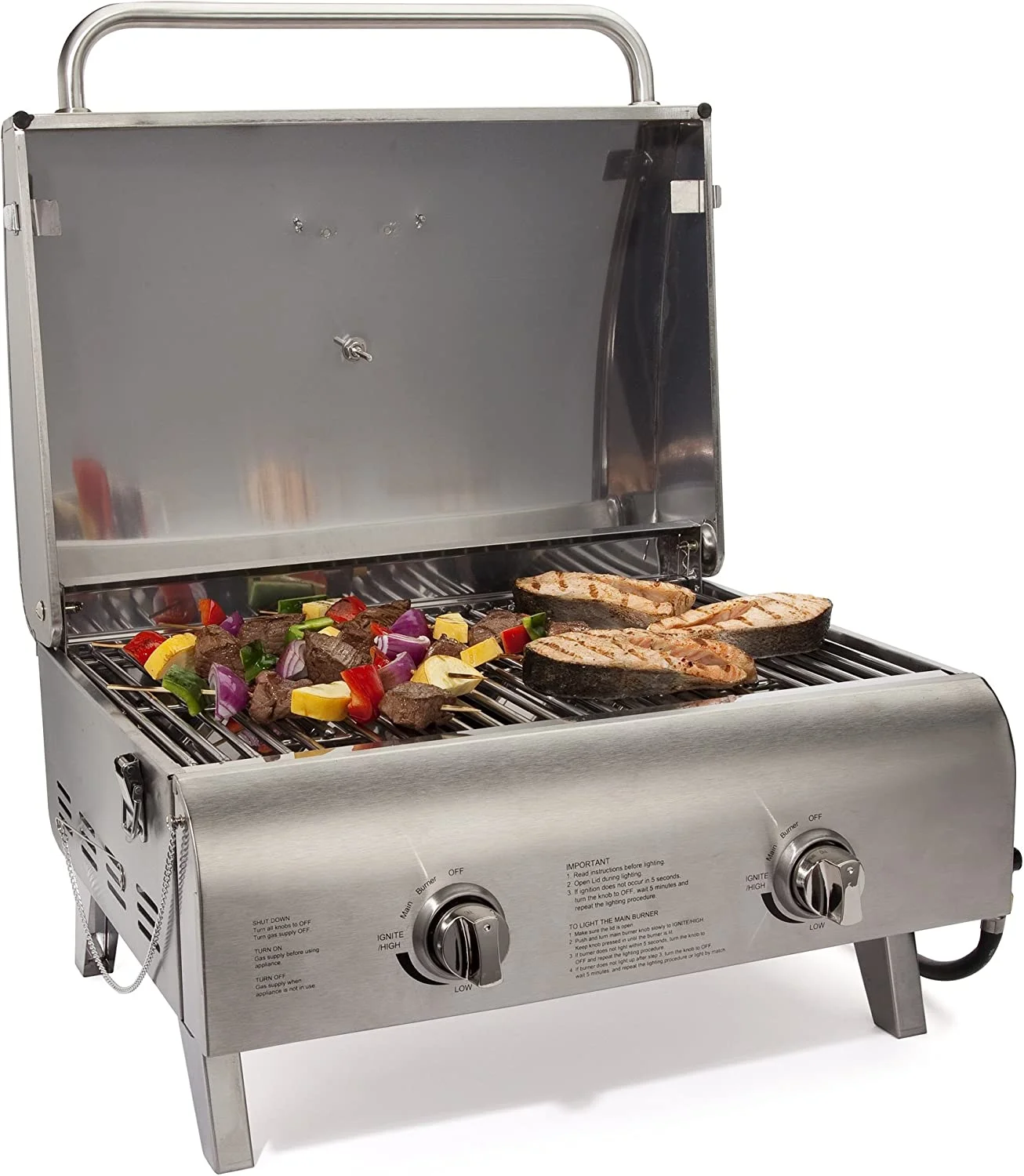 Portable Dual-Burner Tabletop Propane Gas Grill with 20,000 BTU, Quick-Ignition Stainless Steel Outdoor BBQ Grill for Camping, Tailgating, Backyard Cooking & Easy Setup