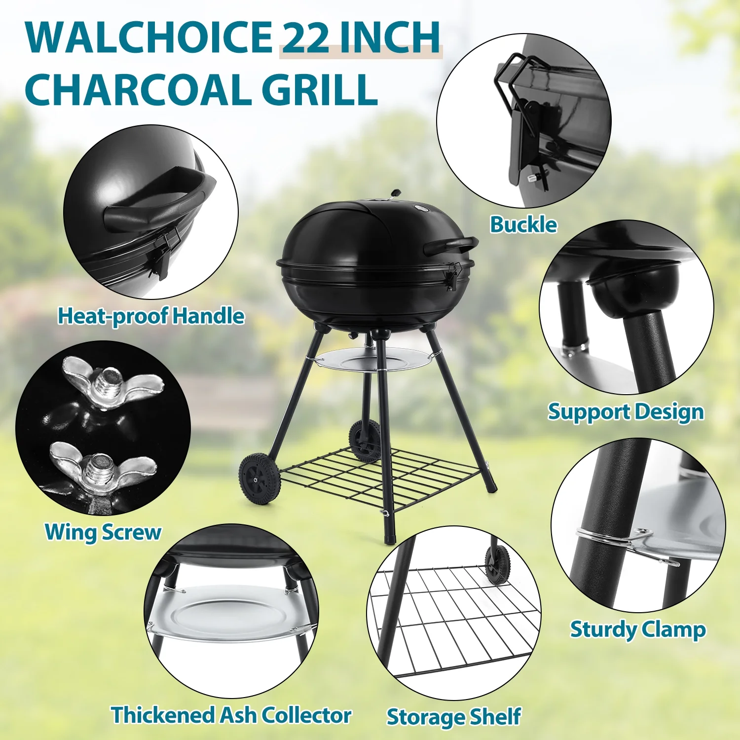 Walchoice 22 inch Charcoal Grill with Wheels & Temperature Gauge, 2 Layer Grilling Racks Heavy Duty Barbecue Grill for Backyard Camping BBQ Cooking, Black Enamel Lid & Bowl