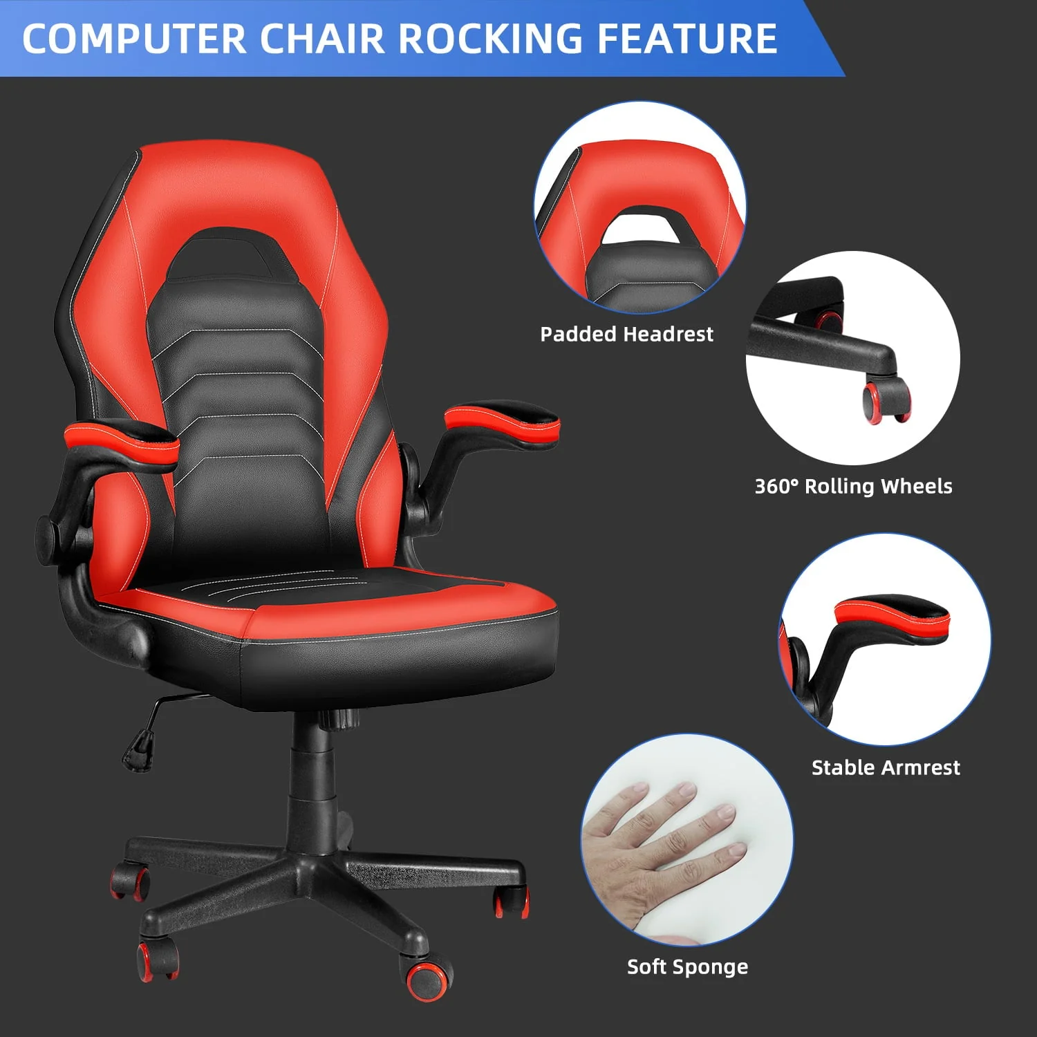 HomeZeer Gaming Chair, Video Game Chairs for Kids, Computer Office Desk Chair with Lumbar Support, Pu Leather Gamer Chair up to 330lb, Red
