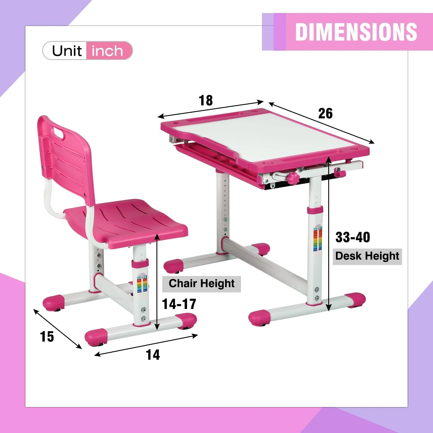 PayLessHere Kids Desk and Chair Set,Height Adjustable with Pull Out Drawer Storage,Pink