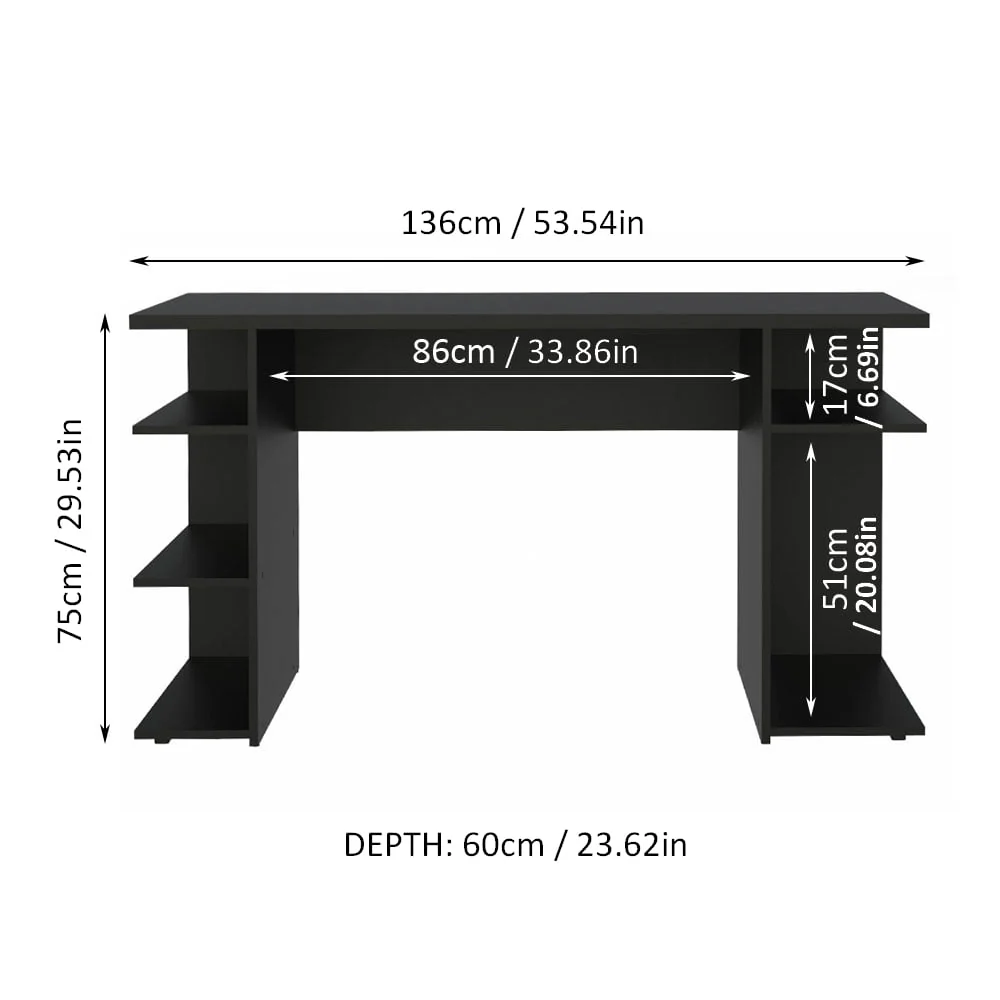 Madesa 53 inch Gaming Computer Desk with Shelves, Home Office Desk Writing Workstation, Wood - Black