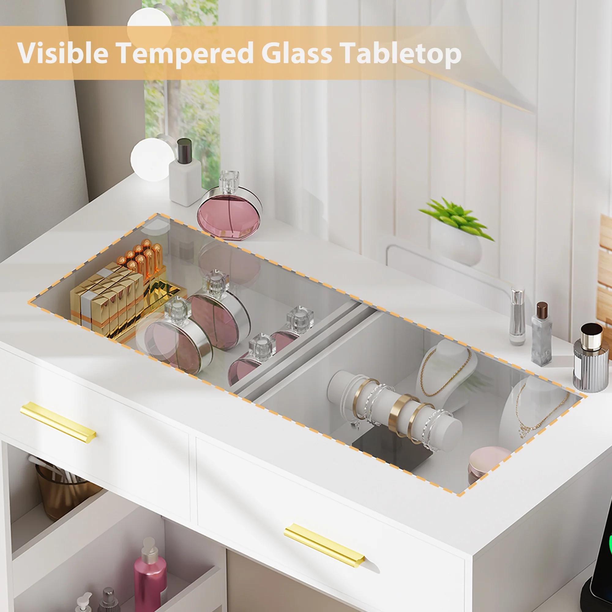 BEWISHOME White Vanity Desk with Mirror and Lights, Makeup Vanity Set with Charging Station, Large Dressing Table with Charging Station,4 Drawers