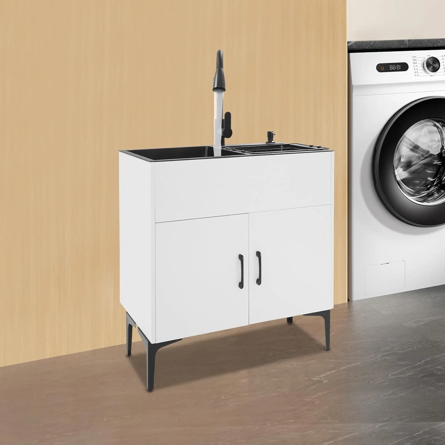 Laundry Sink with Cabinet & Pull-Out Faucet, Kitchen Sink Cabinet with Draining Basket, Stainless Steel Double Bowl Utility Sinks, Wash Station Tub for Kitchen, Laundry Room (Black)